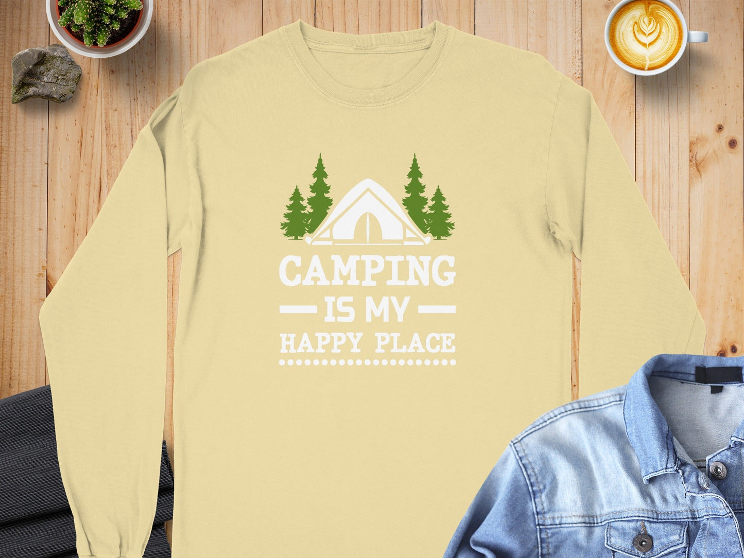 Camping Is My Happy Place Tent Trees Graphic Long Sleeve T-Shirt