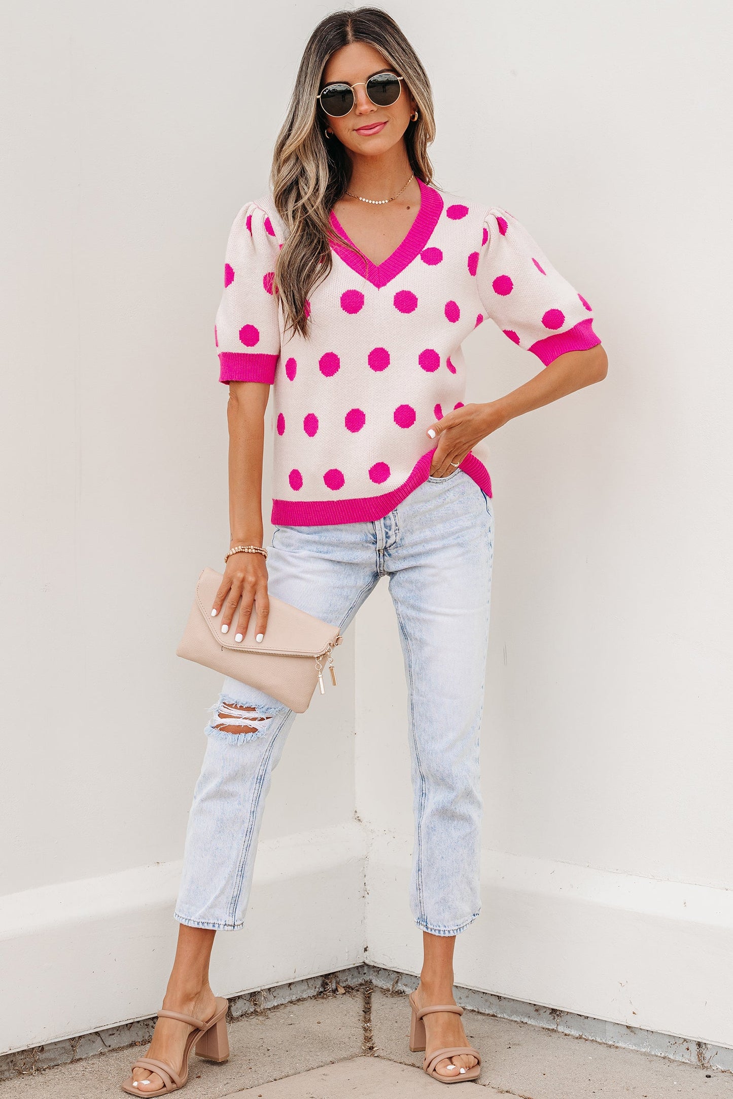 Pink Polka Dot Puff Short Sleeve Sweater Top