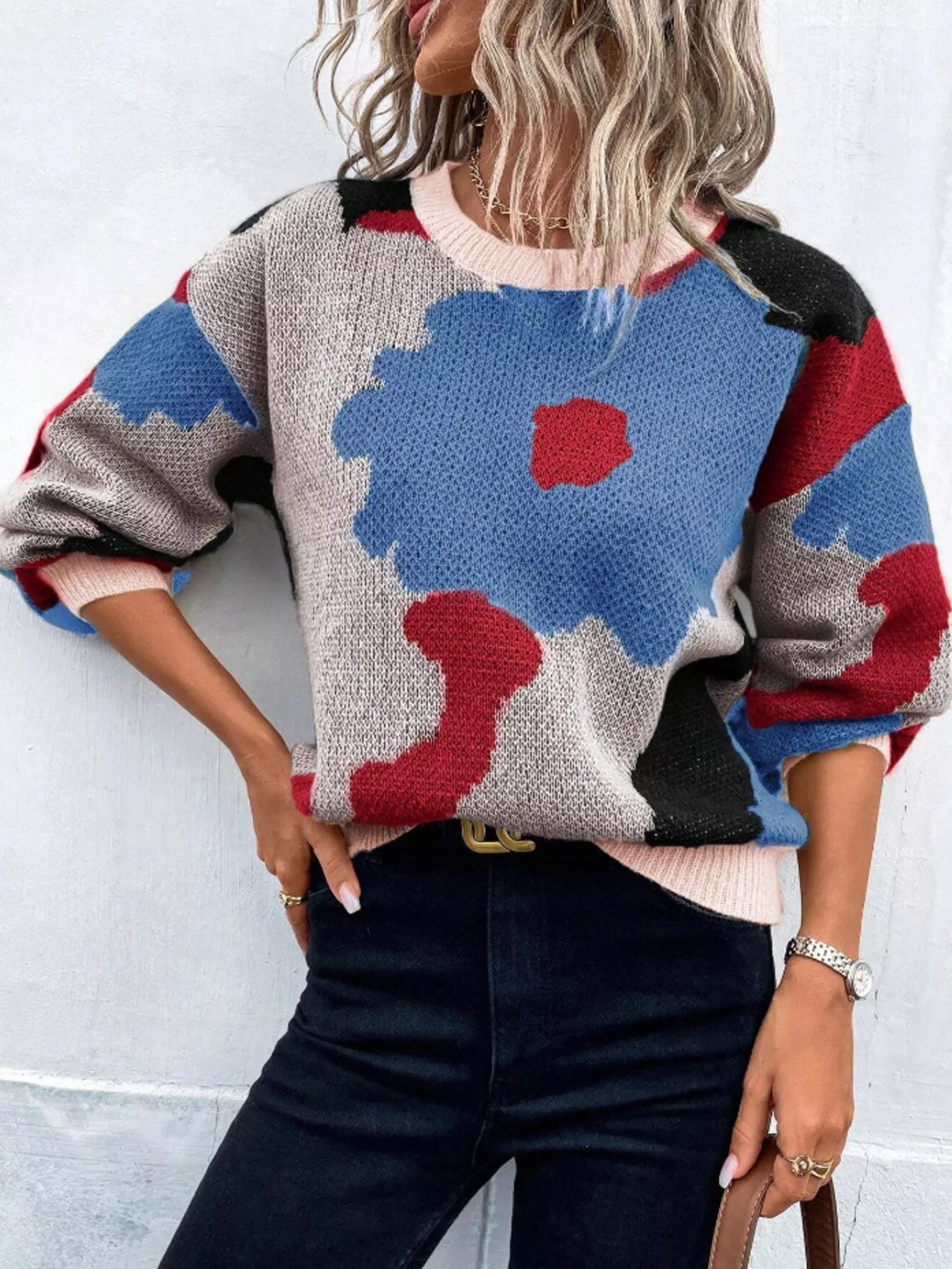 Floral Pattern Round Neck Sweater