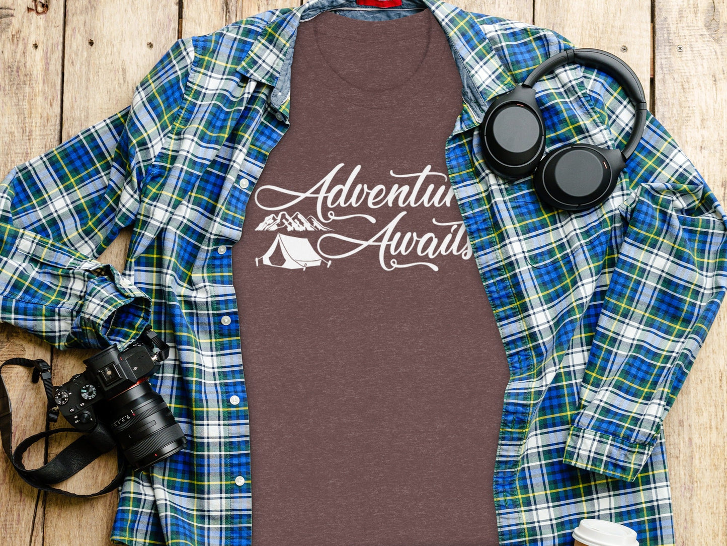 Adventure Awaits Tent Mountains Graphic Design T-Shirt