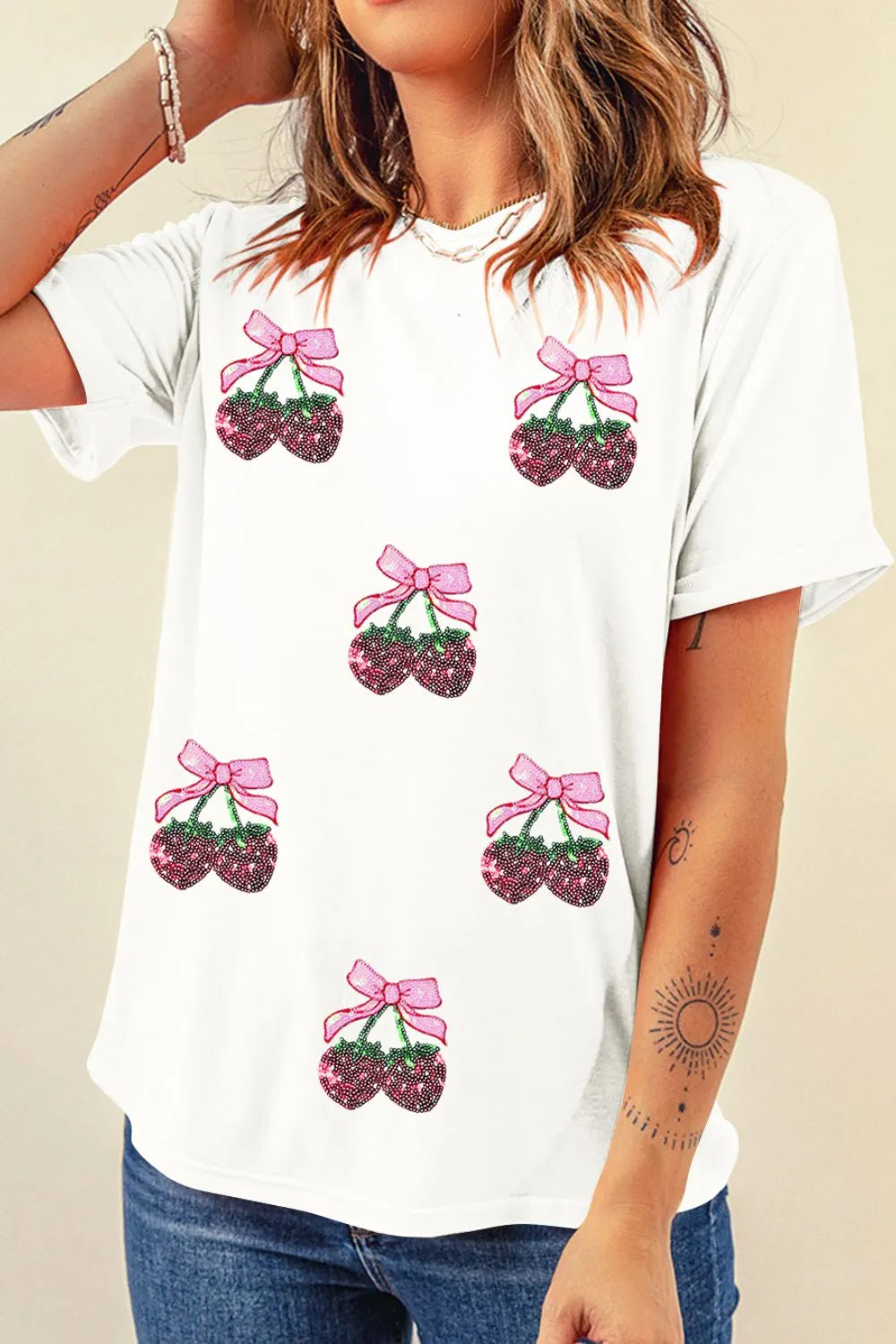 Sequin Cherry Round Neck Short Sleeve T-Shirt