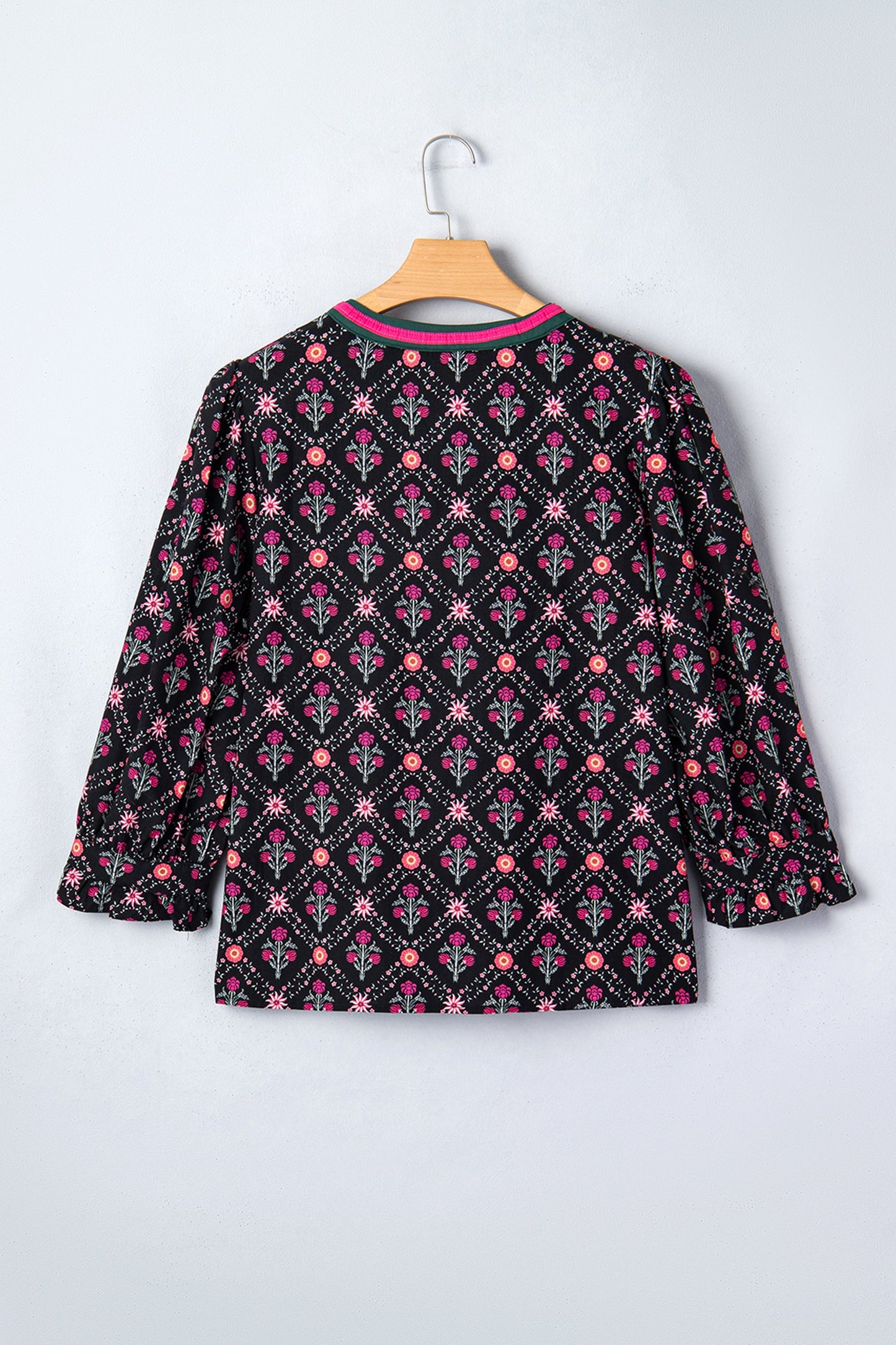 Black Contrast V Neckline Bracelet Sleeve Vintage Floral Blouse
