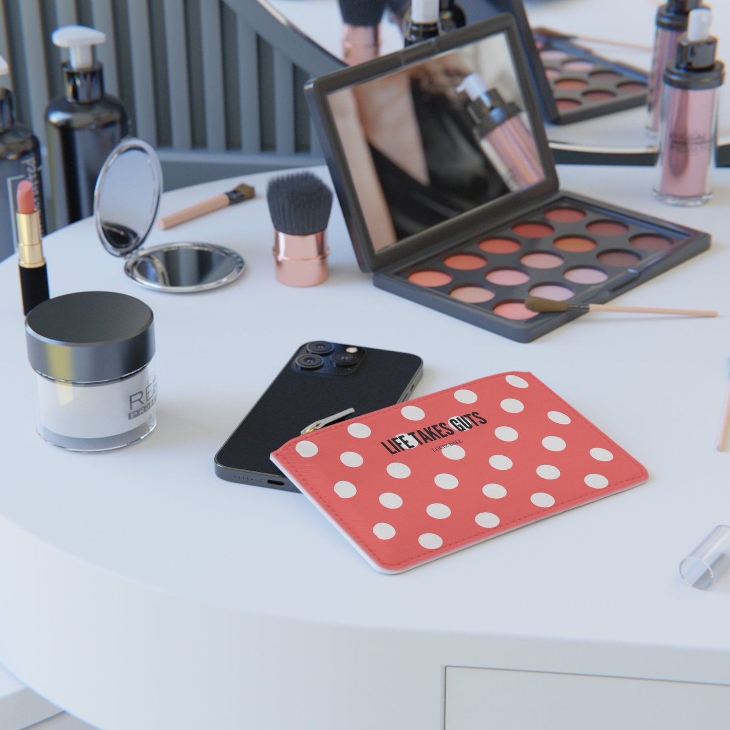 Mini Clutch Bag — Pastel Red Polka Dot "Life Takes Guts"  Vegan Wallet