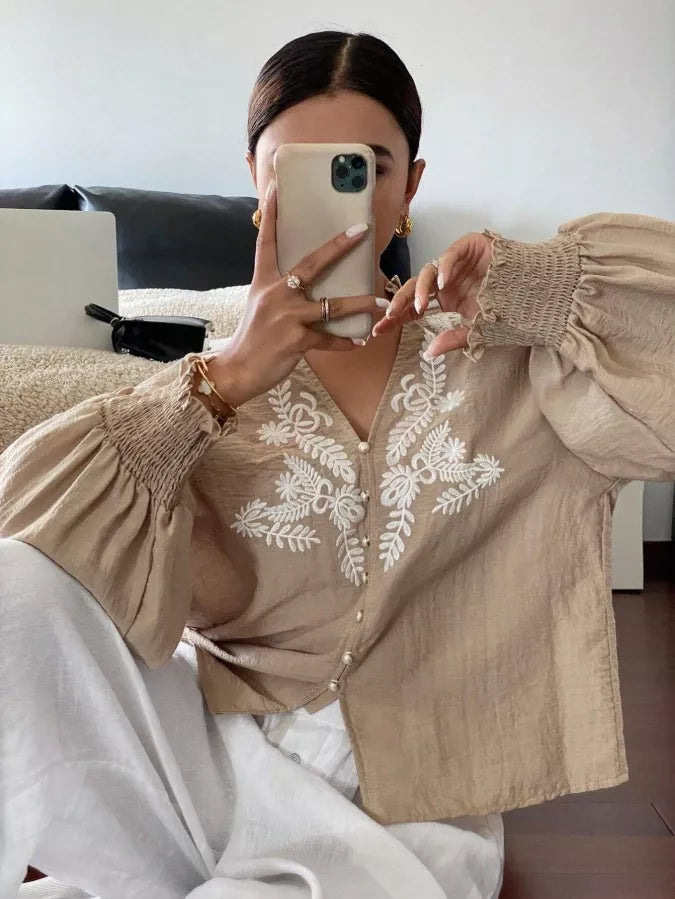 Embroidered Notched Long Sleeve Blouse