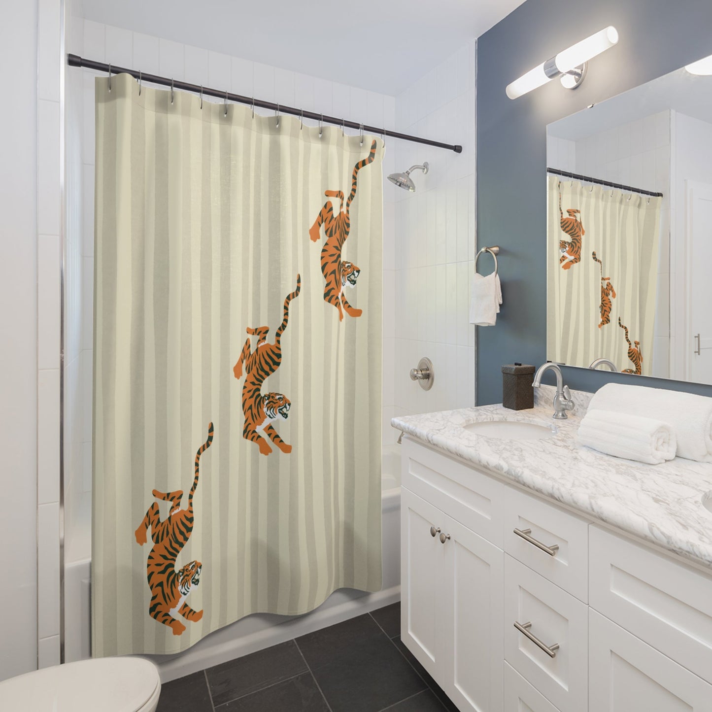 Beige Striped Tiger  Shower Curtain — Fiercely Feminine Bathroom Decor