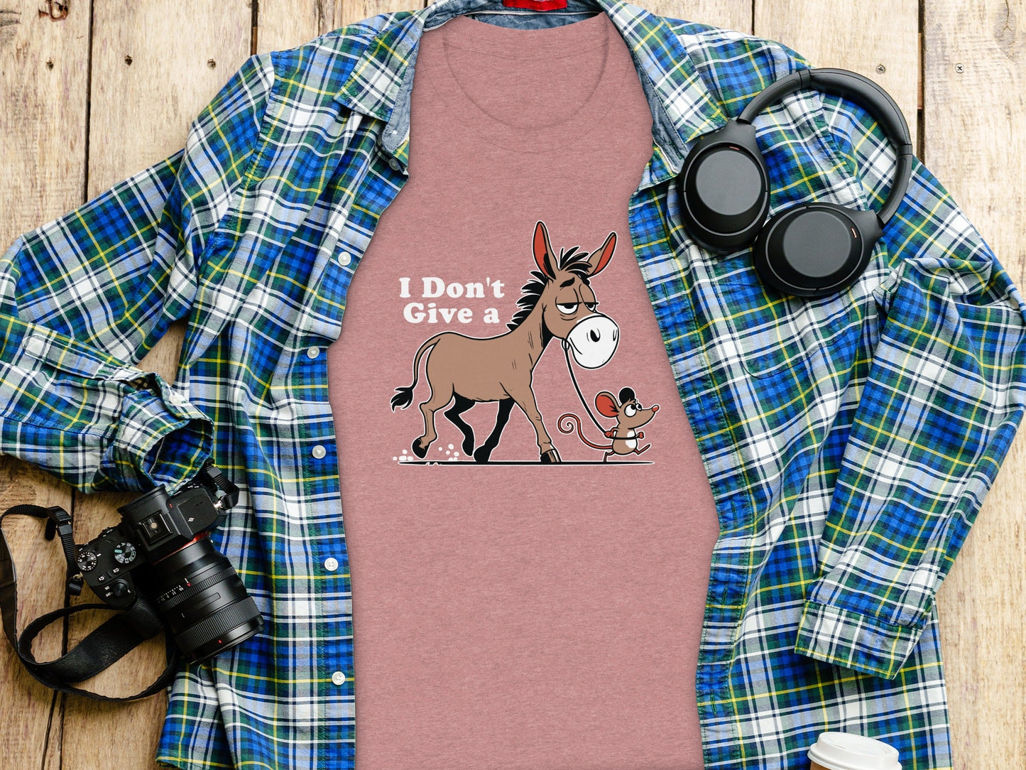 Funny Mouse Walking a Donkey Cartoon Graphic T-Shirt