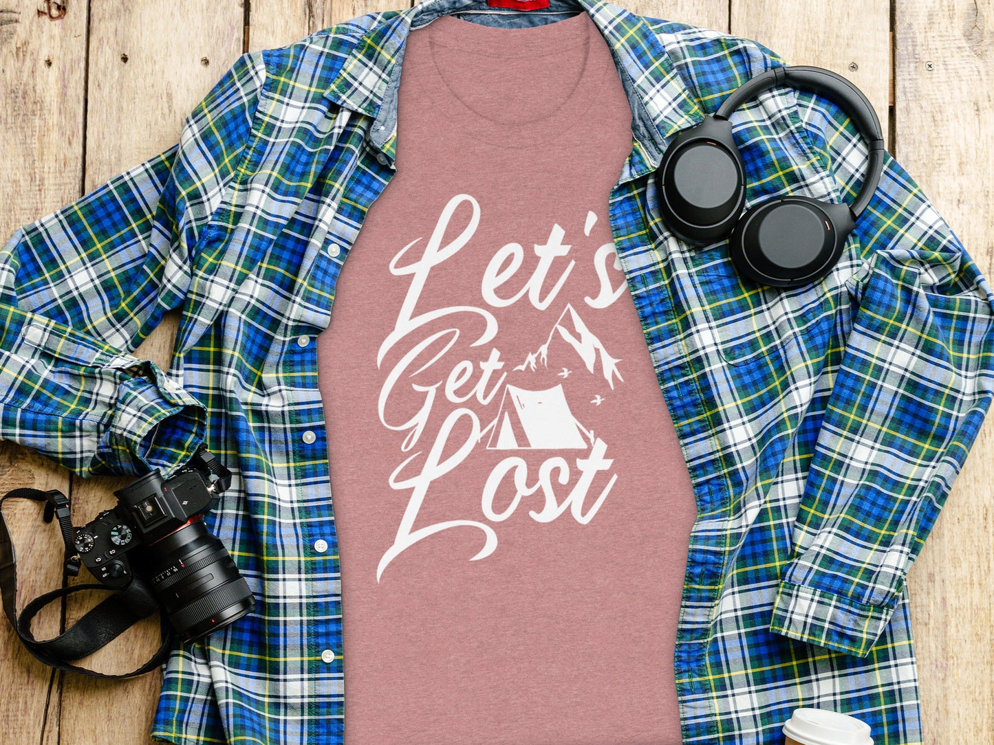 Lets Get Lost Tent and Mountain Graphic Design T-Shirt