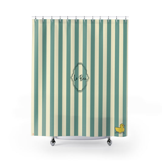 Striped Green/Cream Shower Curtain with Duck "Le Bain"  — French Kids Bathroom Decor