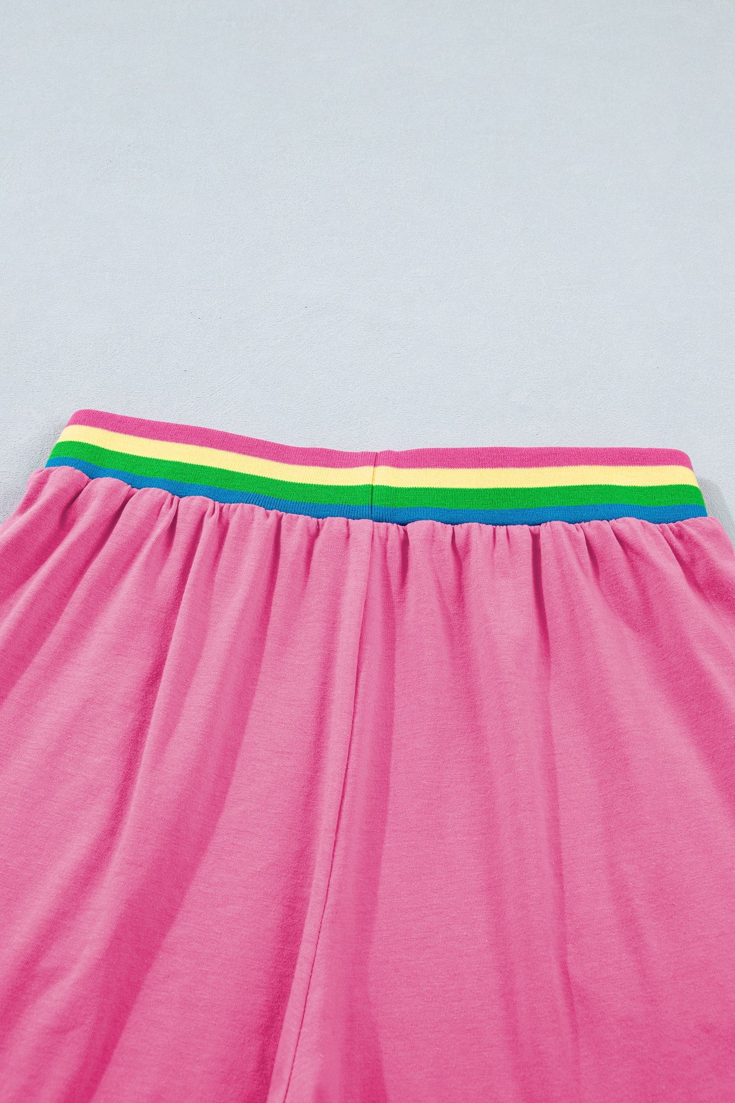Bright Pink Seam Detail Raw Edge Tee Rainbow Waistband Casual Short Set