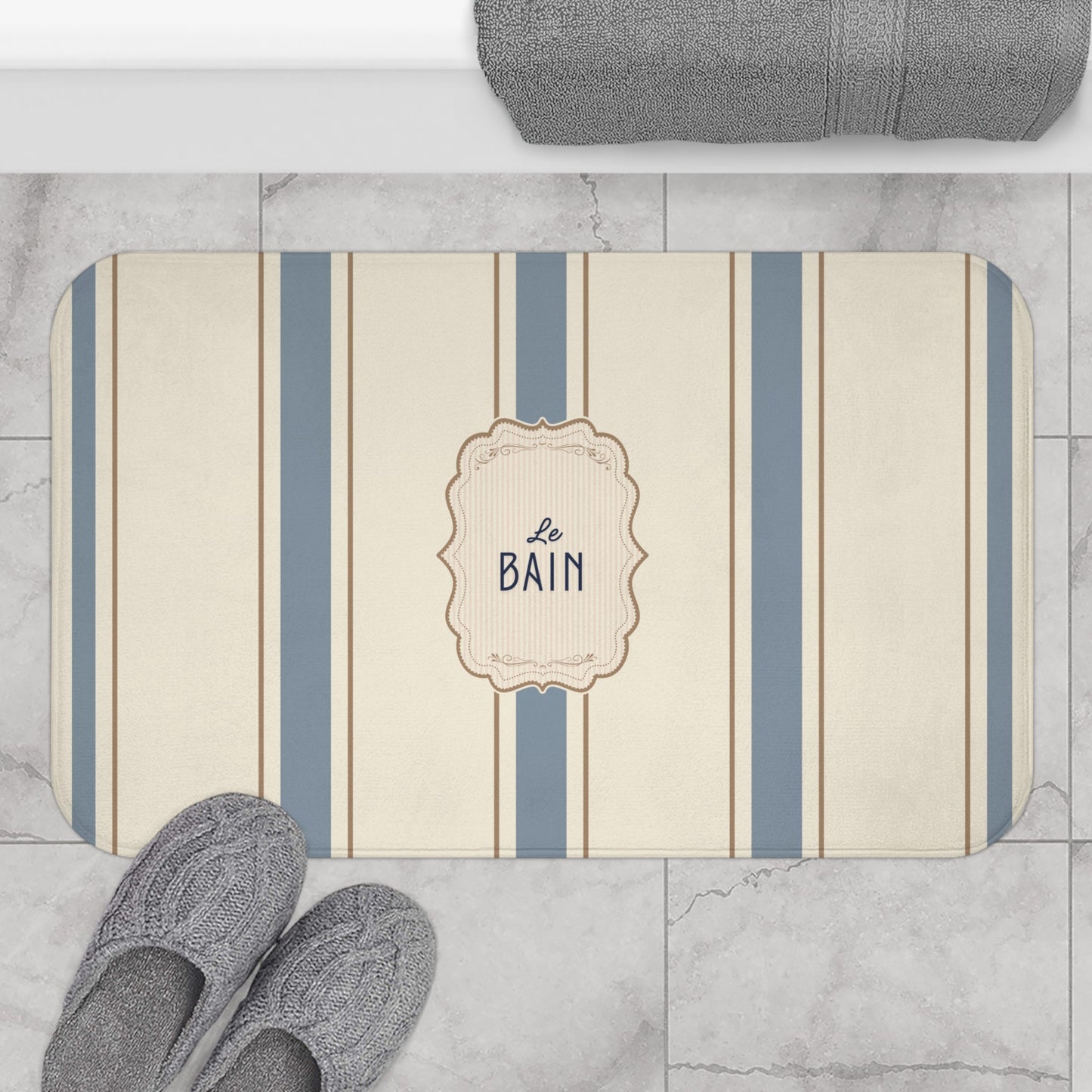 Le Bain Classic Striped Bath Mat | French Bathroom Decor, Neutral Grey-Blue  Stripes