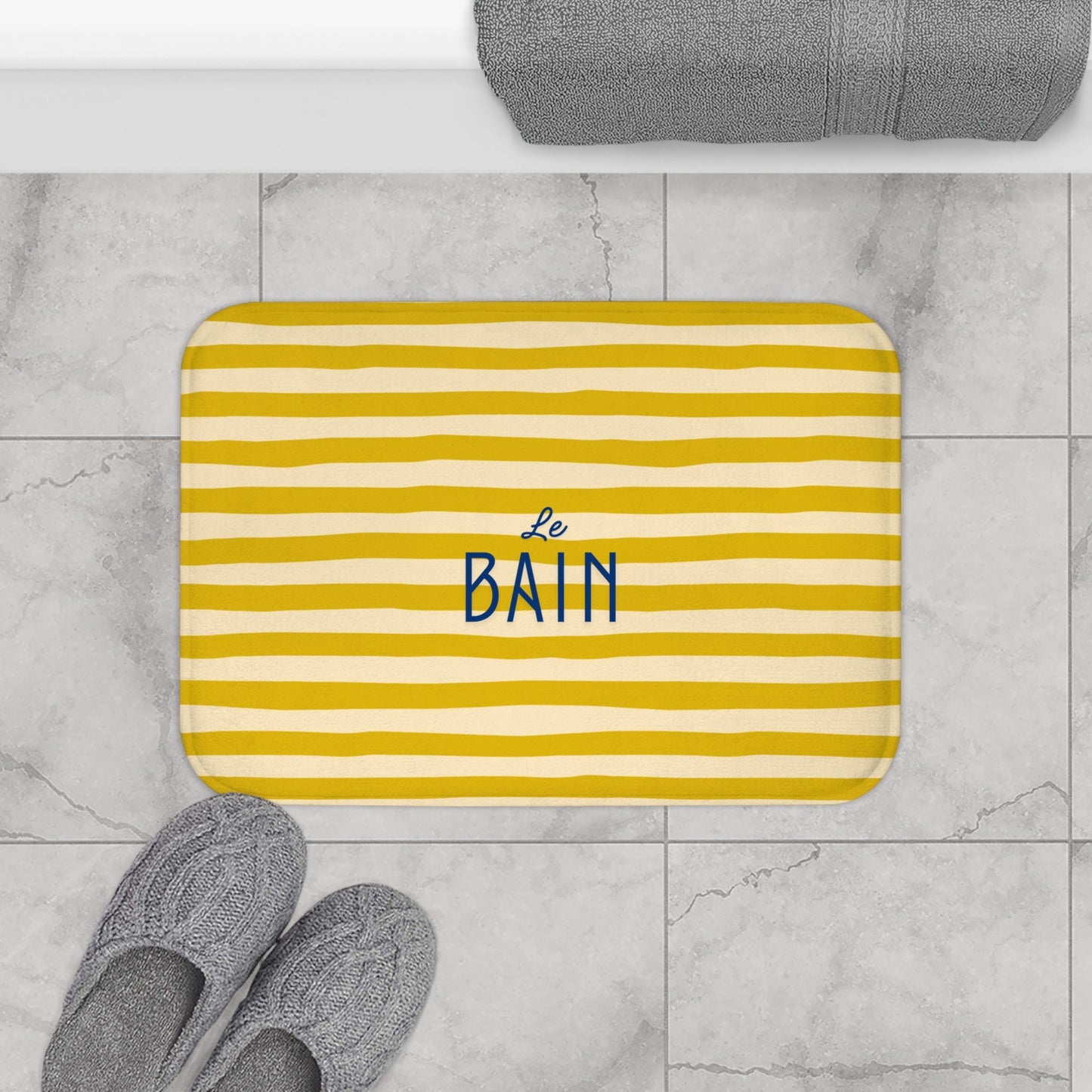 Bath Mat — "Le Bain" Yellow/Orange Striped Bath Mat (French Bathroom Decor)