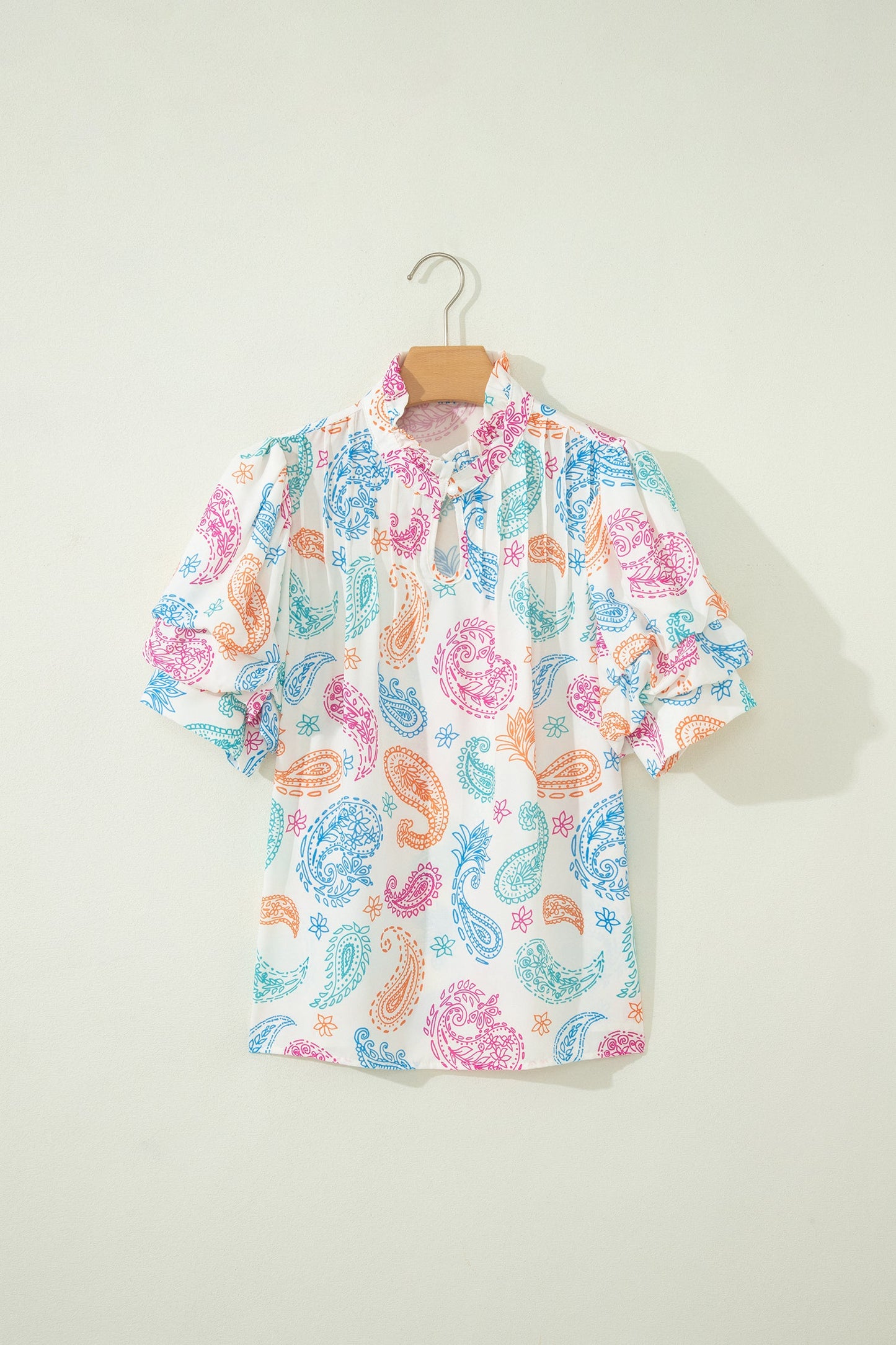Multicolour Vibrant Paisley Printed Button Keyhole Puff Sleeve Blouse