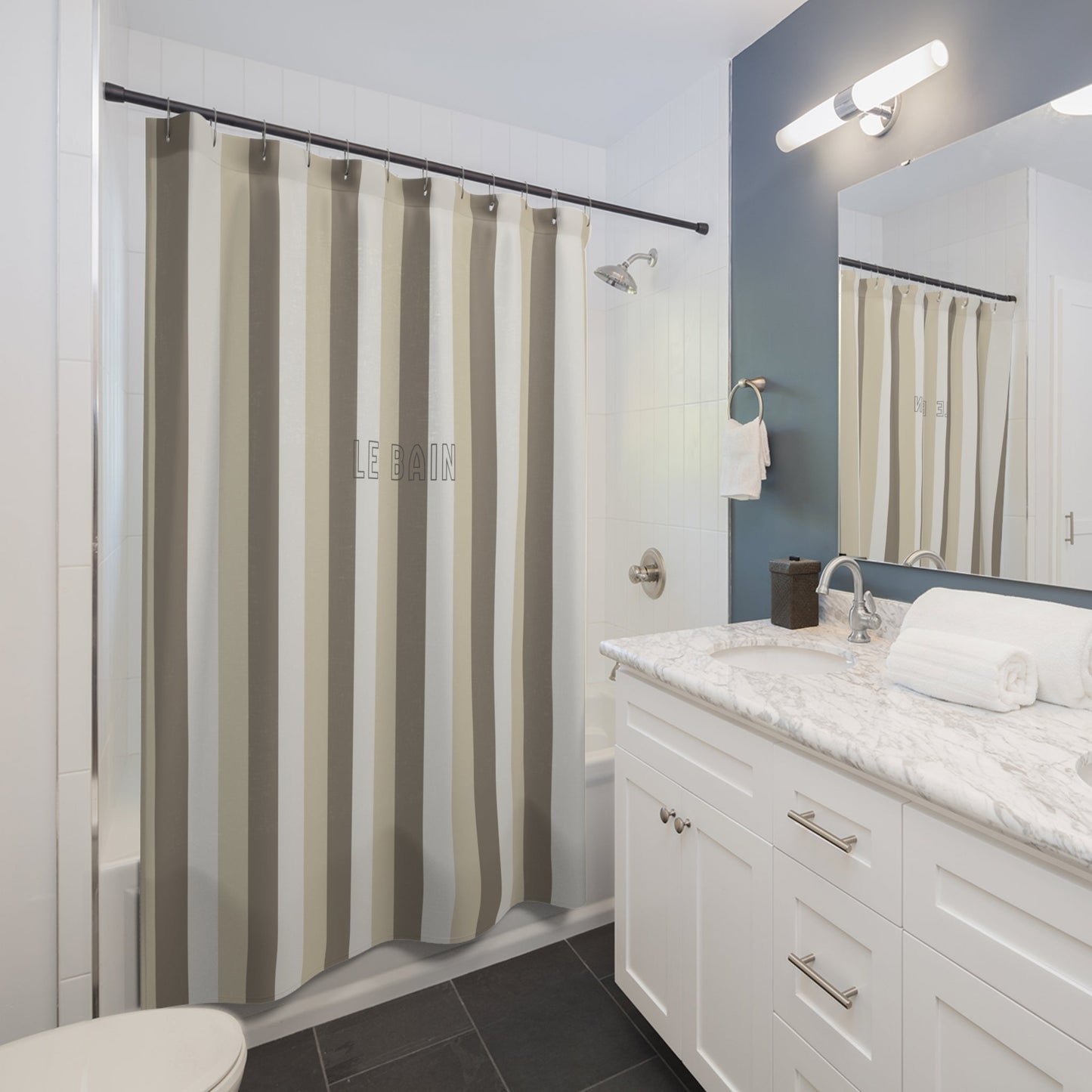 Striped 'Le Bain' Shower Curtain — Neutral Beige & Taupe Modern Bathroom Decor