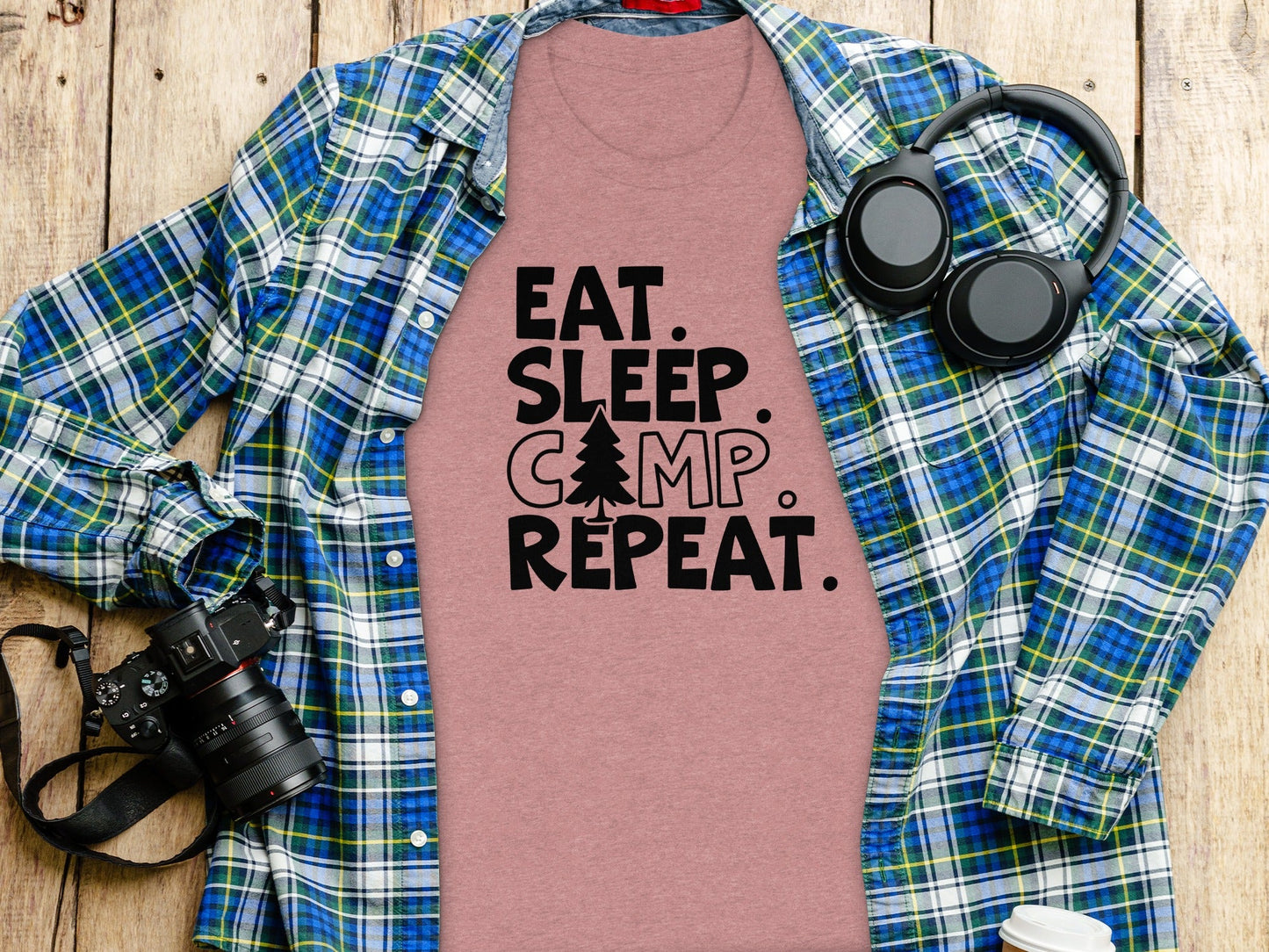 Eat Sleep Camp Repeat With Pine Tree Graphic T-Shirt