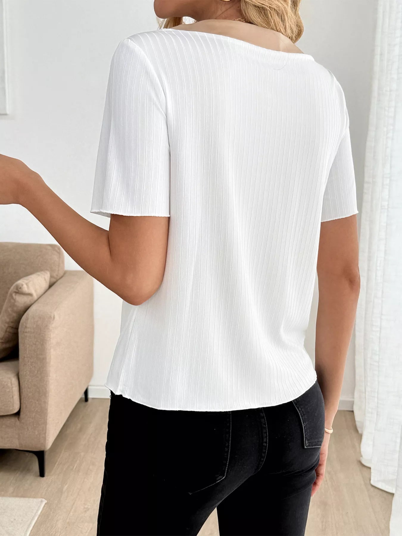 Decor Button Round Neck Short Sleeve Blouse