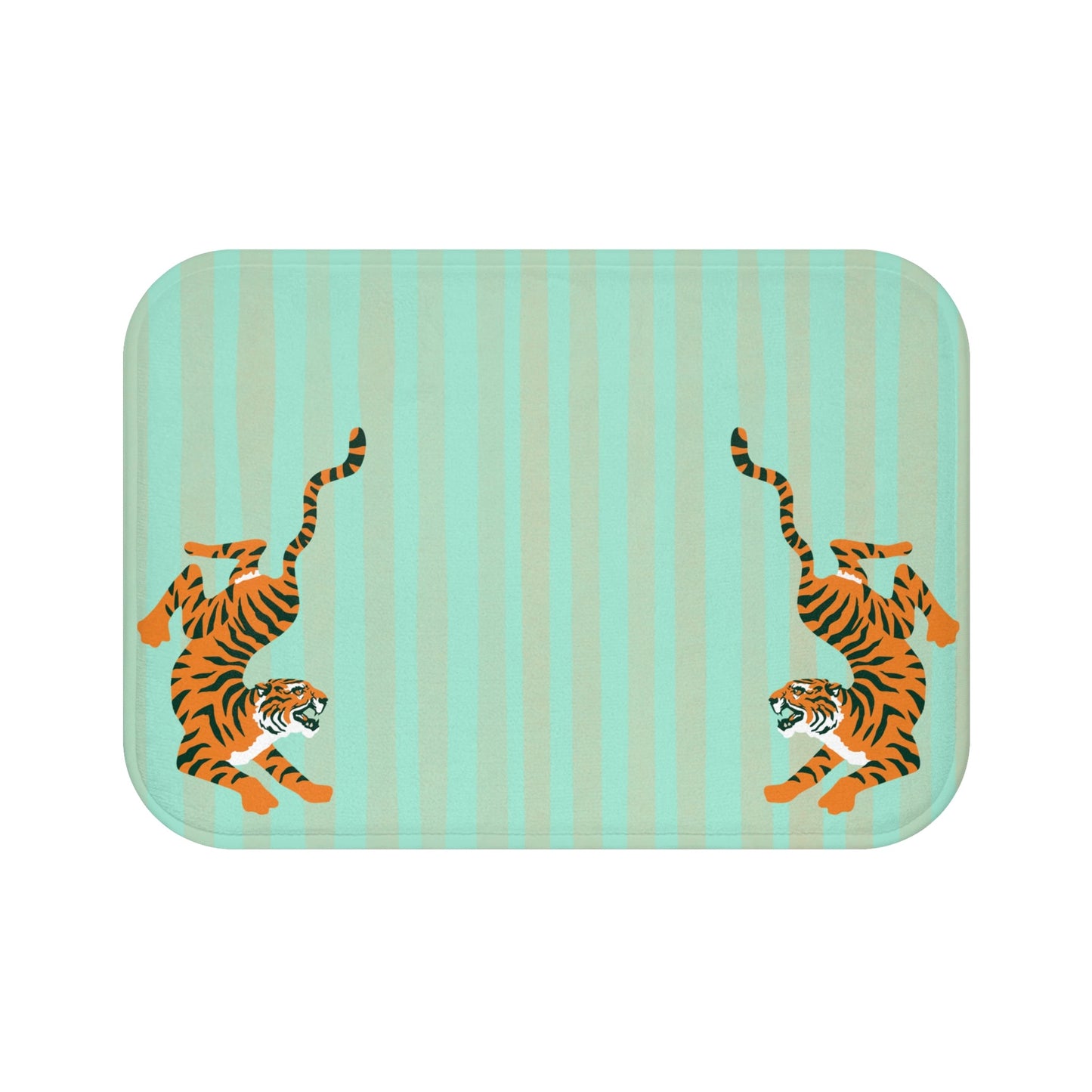 Fiercely Feminine Bath Mat - Pastel Turquoise Striped  Rug with Tigers