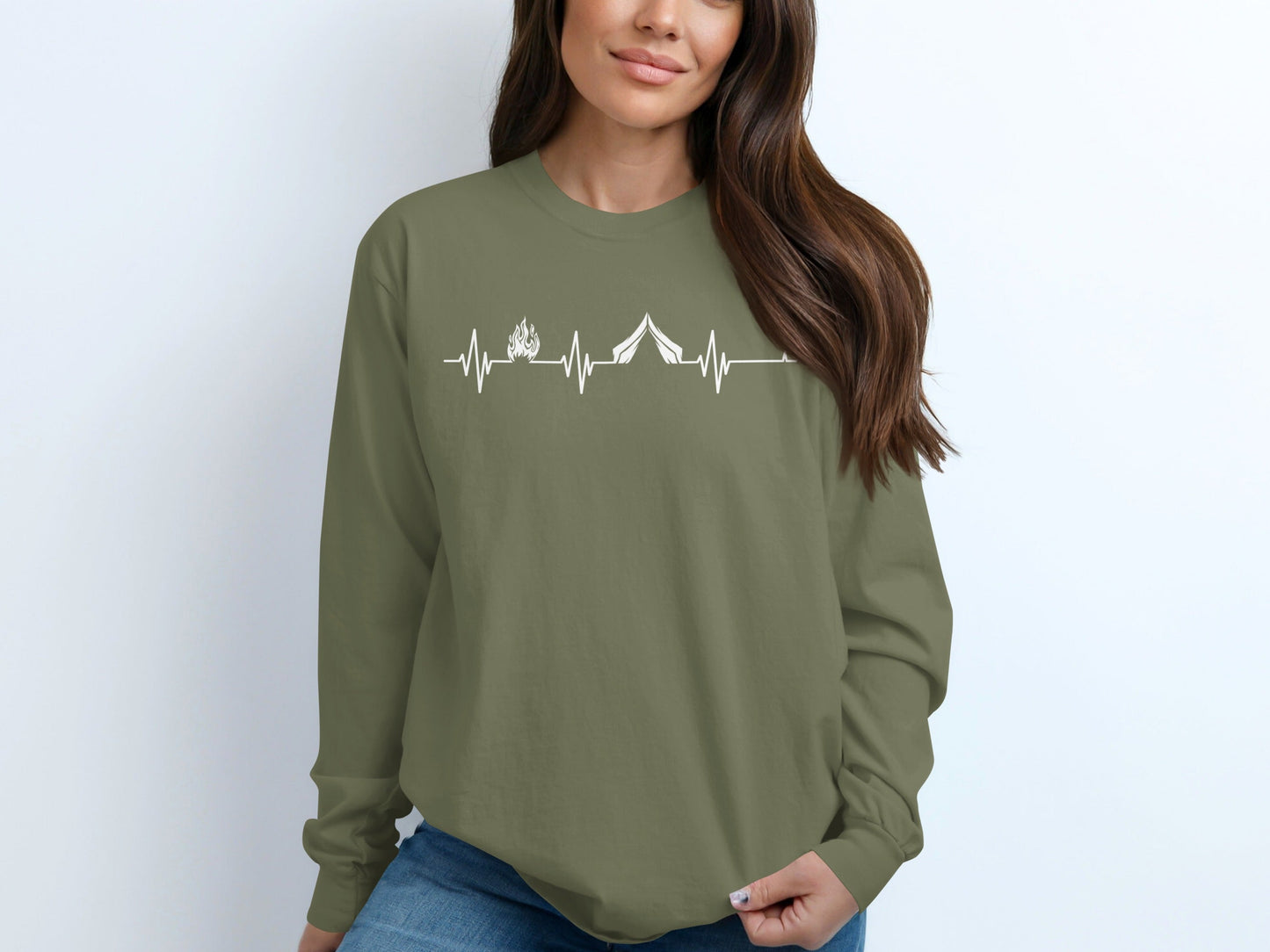 Camping Fire Tent Heartbeat Outdoor Adventure Long Sleeve T-Shirt