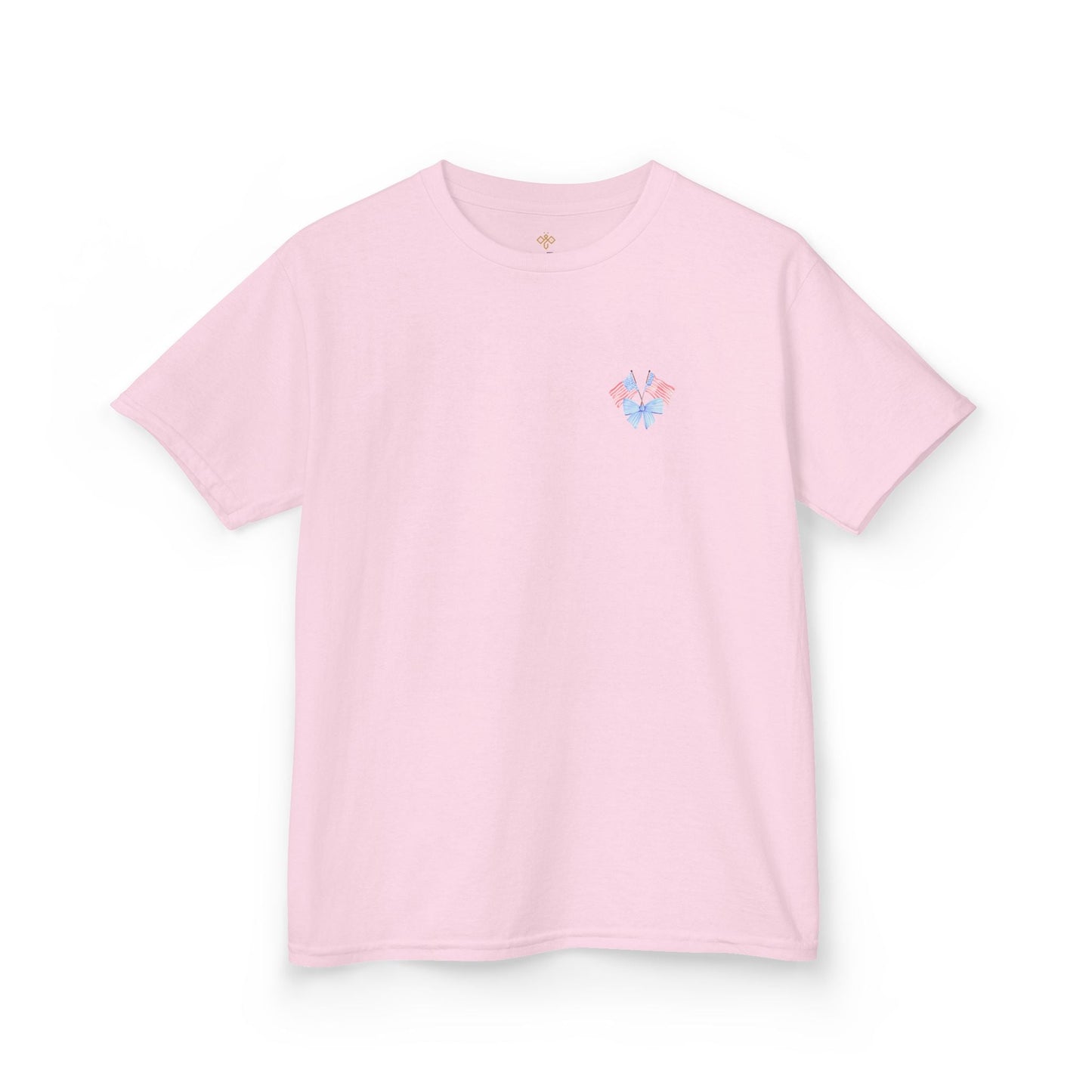 Bee Patriotic American Flag with Bow Girls Short Sleeve Youth Heavy Cotton Gildan Hive Tee