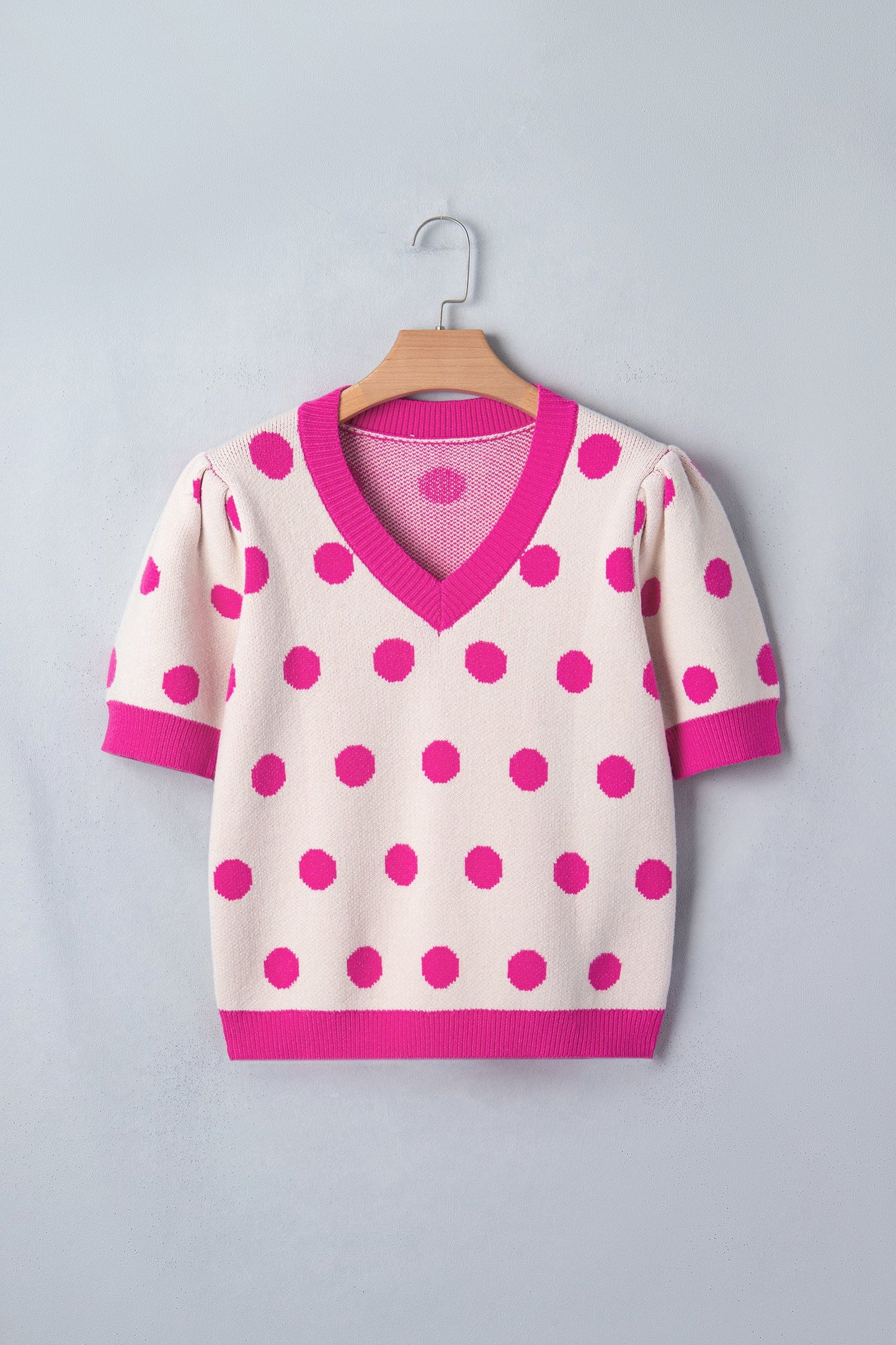 Pink Polka Dot Puff Short Sleeve Sweater Top