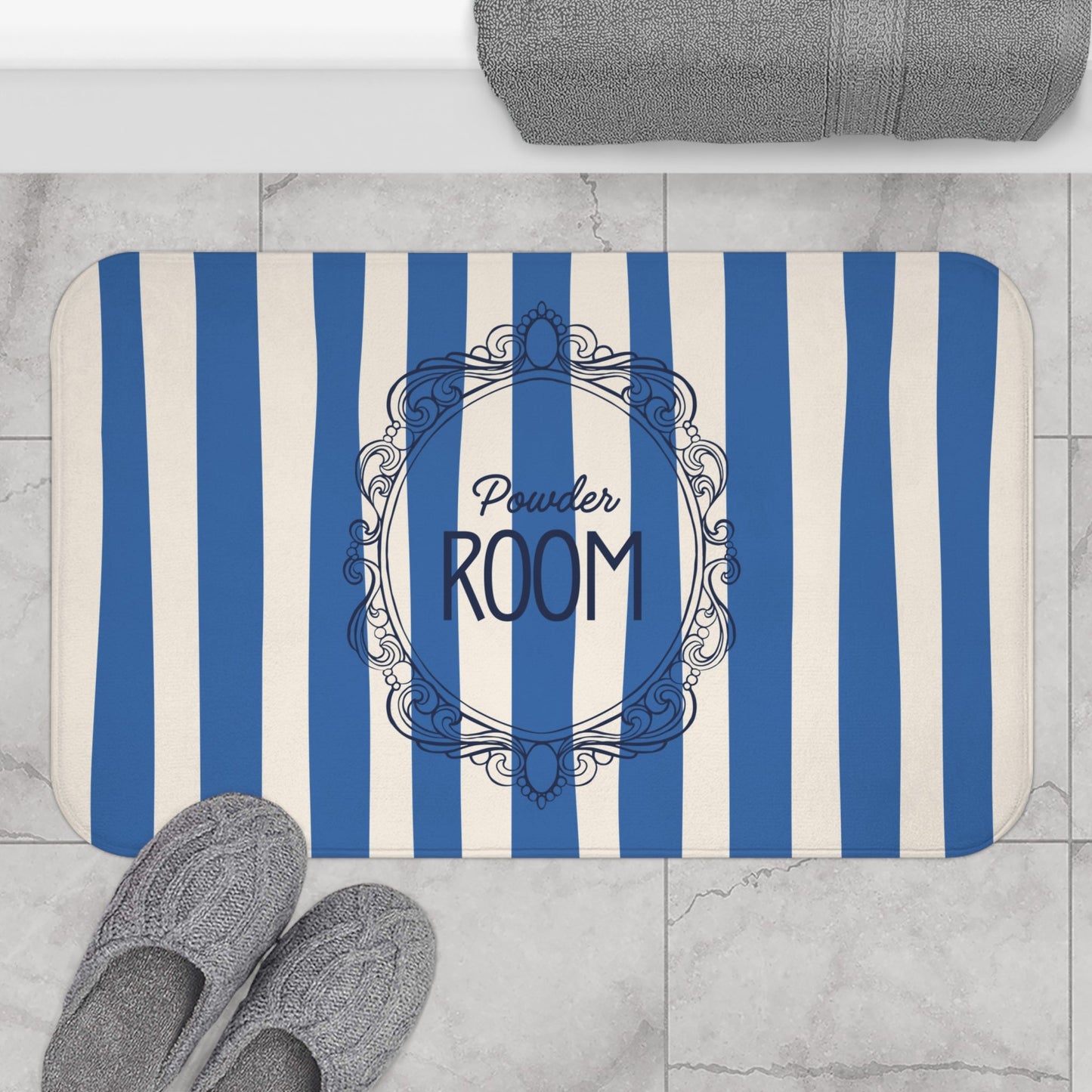 Cute Powder Room Bath Mat —  Blue Striped Decorative Bathroom Rug