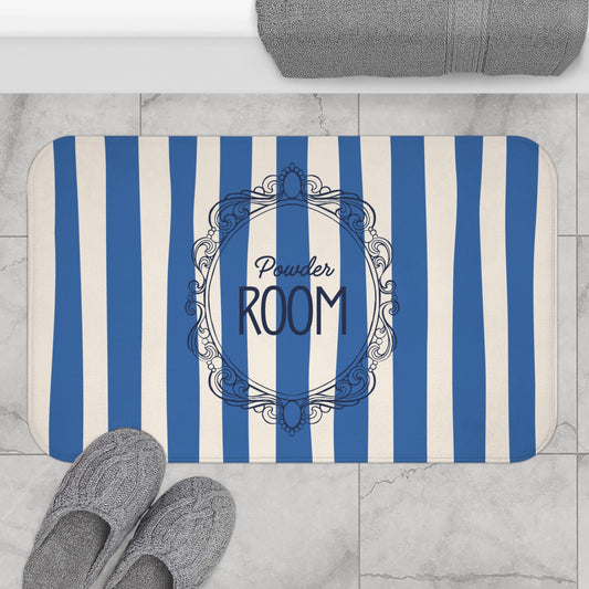 Cute Powder Room Bath Mat —  Blue Striped Decorative Bathroom Rug