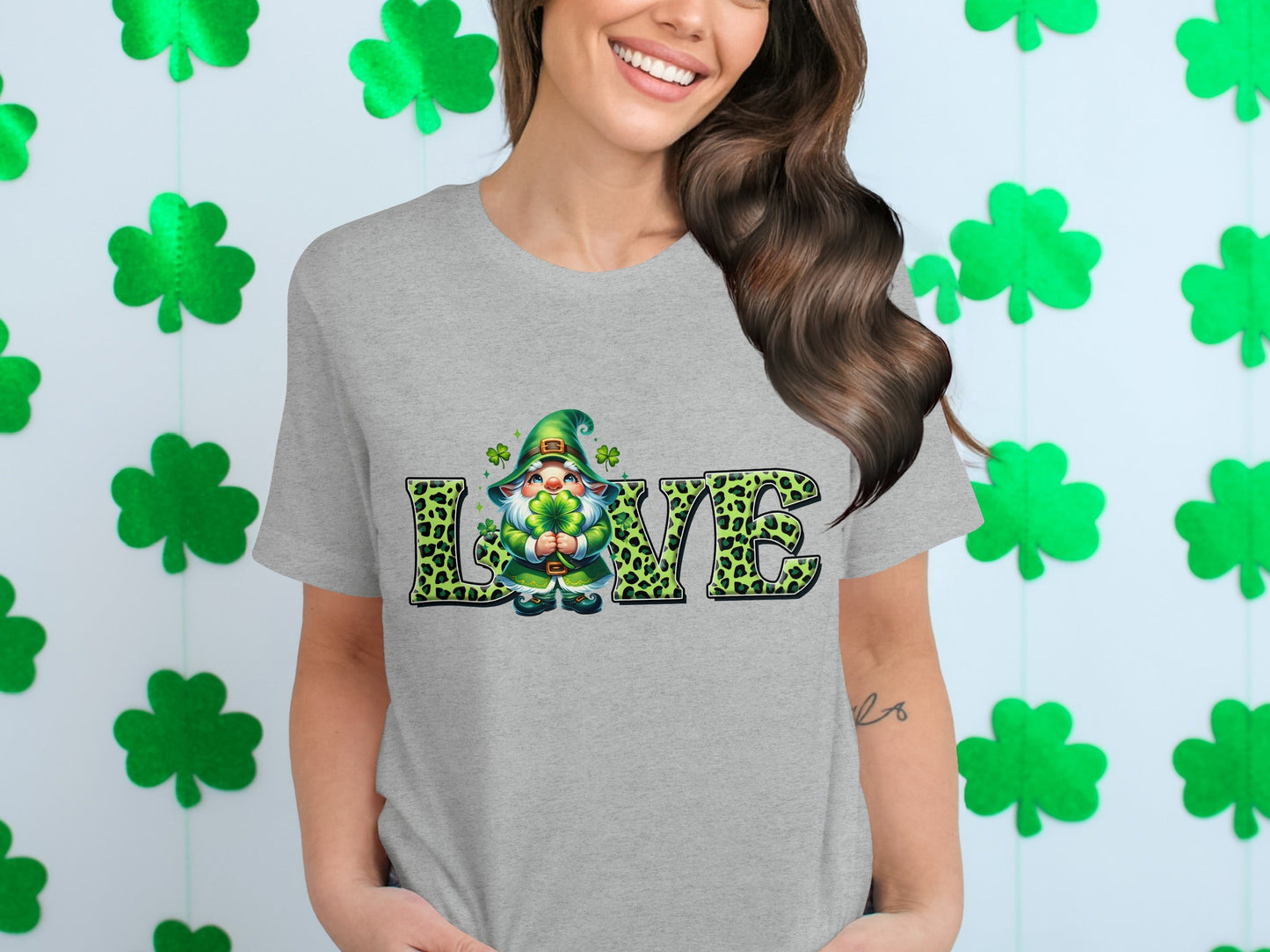St Patricks Day Gnome T-Shirts, Four Leaf Clover Shirt, Love T Shirt, St Paddys Day Tee, Leopard Print Letters, Cute Irish T Shirts