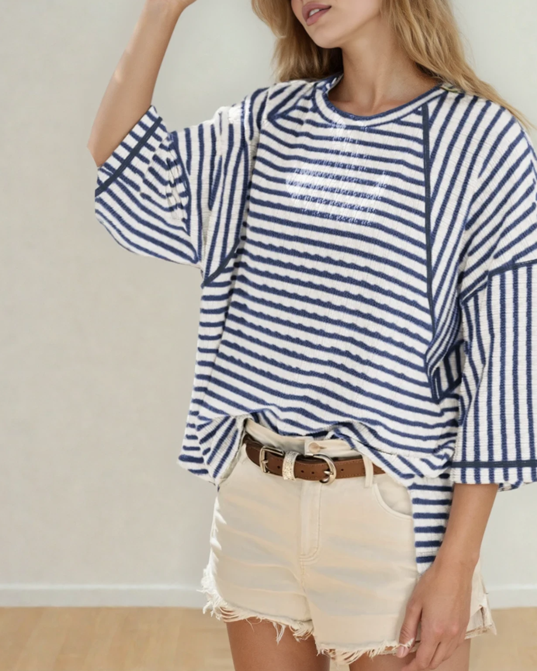 Noelle Textured Knit Split Hem Half Sleeve Loose Top - Blue