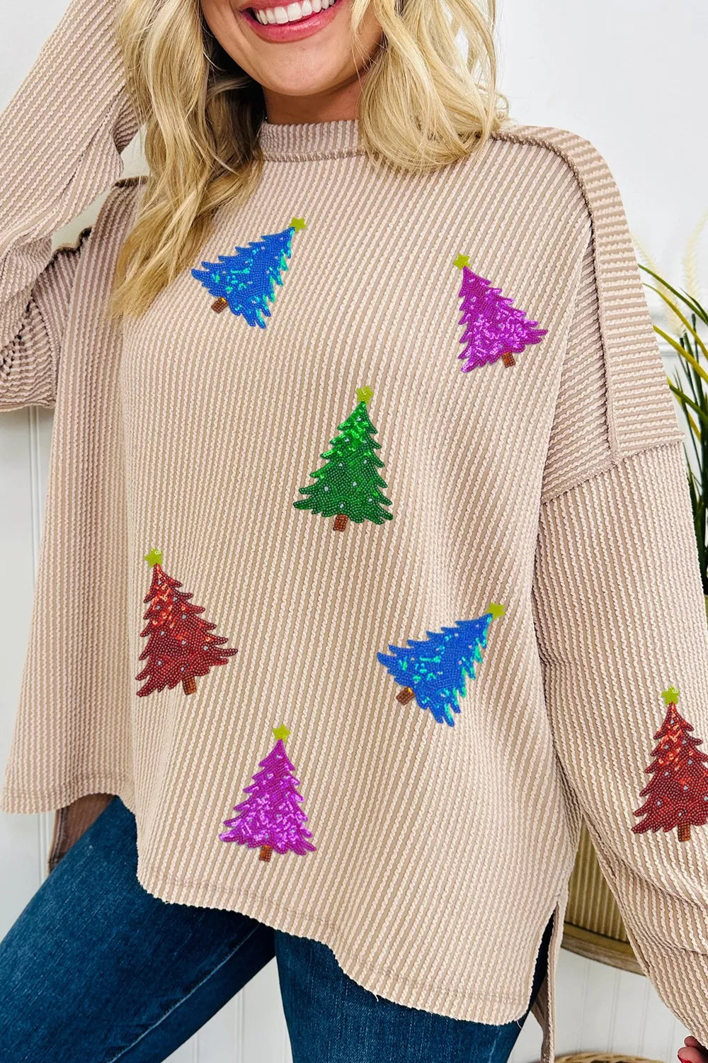 Sequin Christmas Tree Exposed Seam Drop Shoulder Ribbed Long Sleeve Top