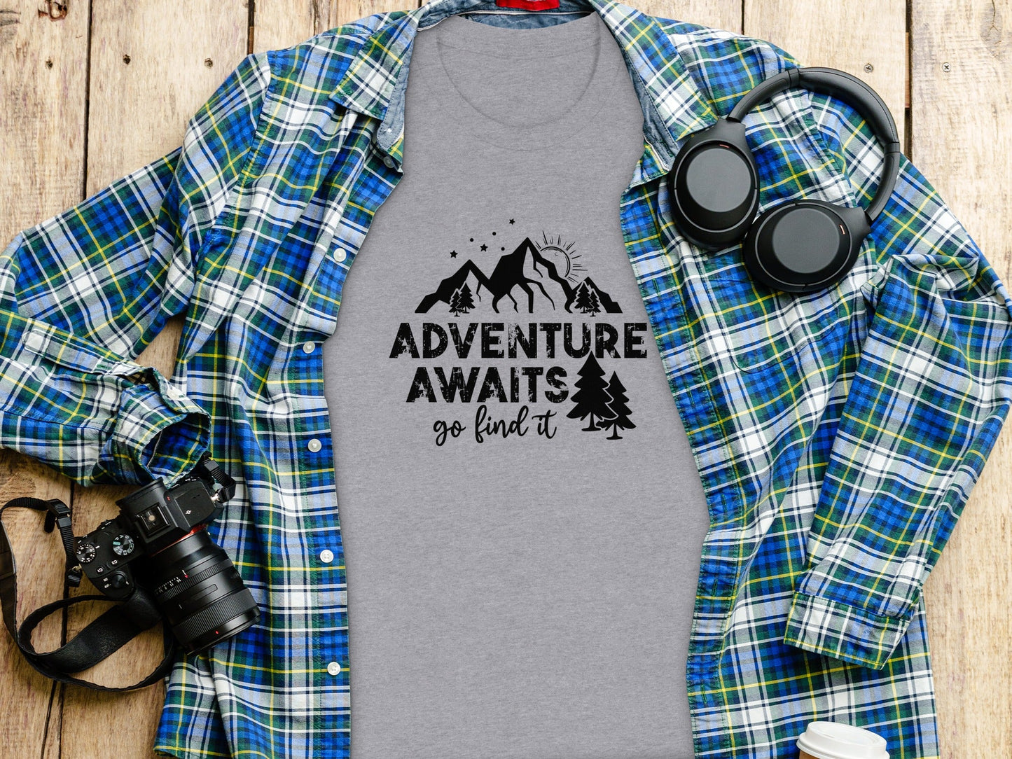 Adventure Awaits Go Find It Mountains Trees and Sun T-Shirt