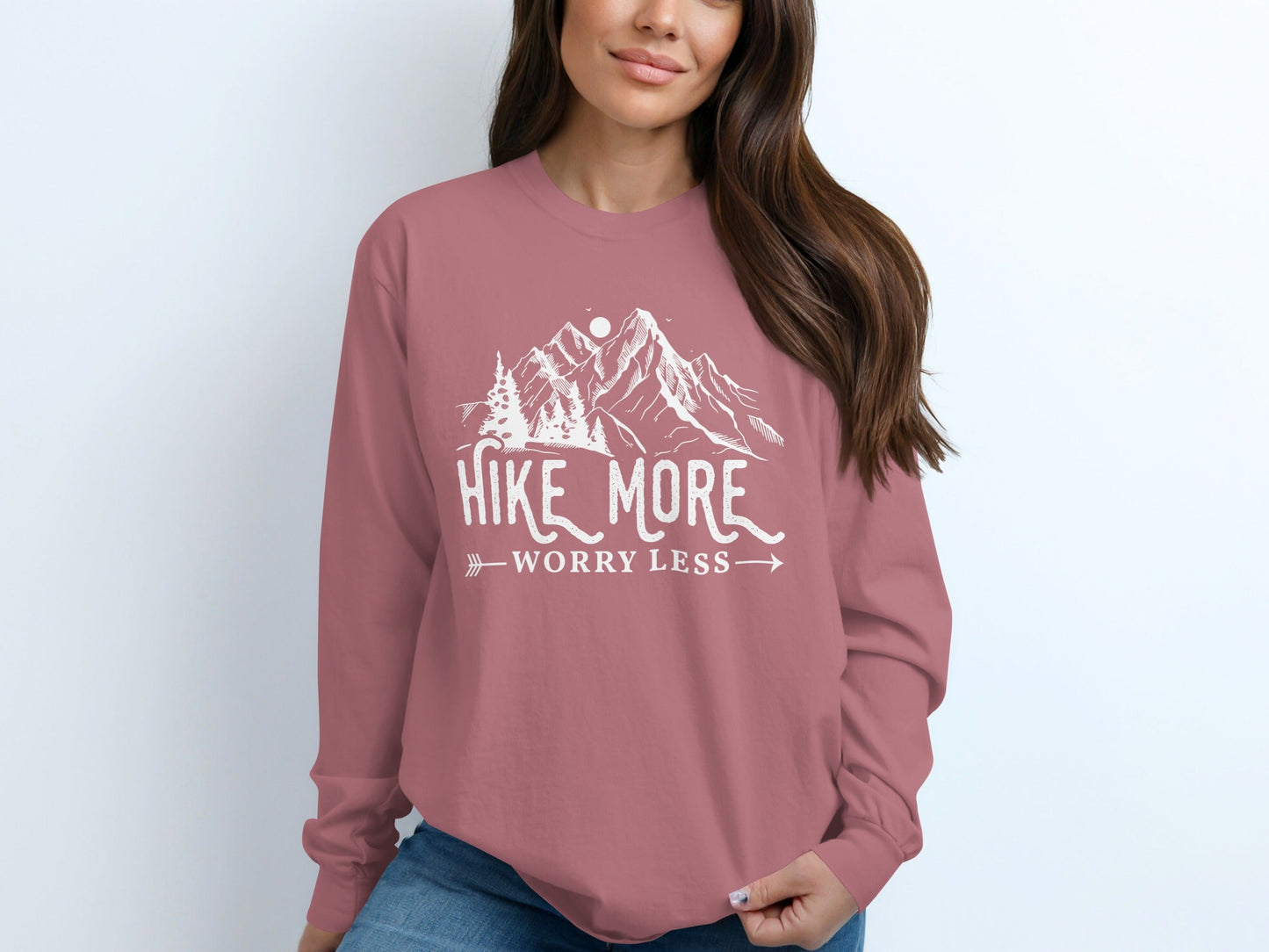 Hike More Worry Less Mountain Design Funny Outdoor Long Sleeve T-Shirt