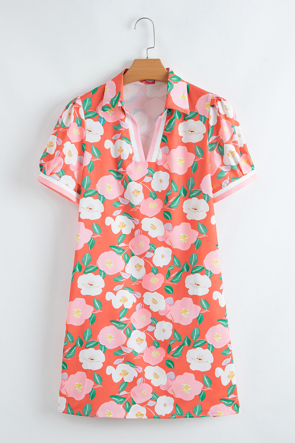 Fresh Salmon Floral Print Puff Sleeve Pop of Color Neckline Dress