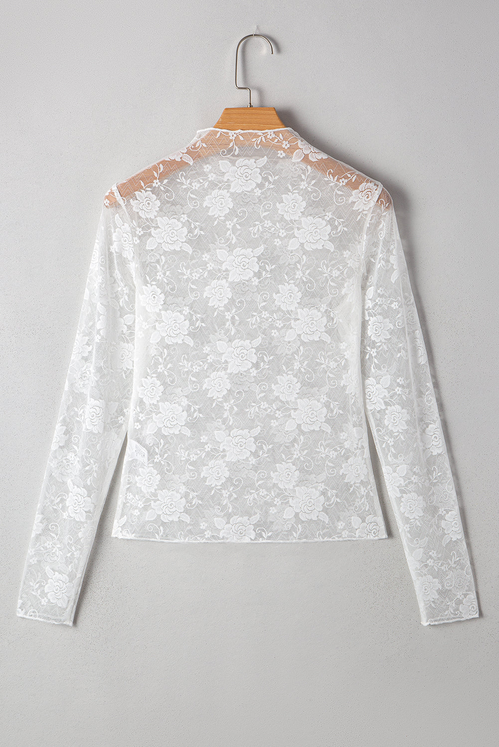 Apricot Pink Mock Neck Floral Lace Mesh Long Sleeve Top