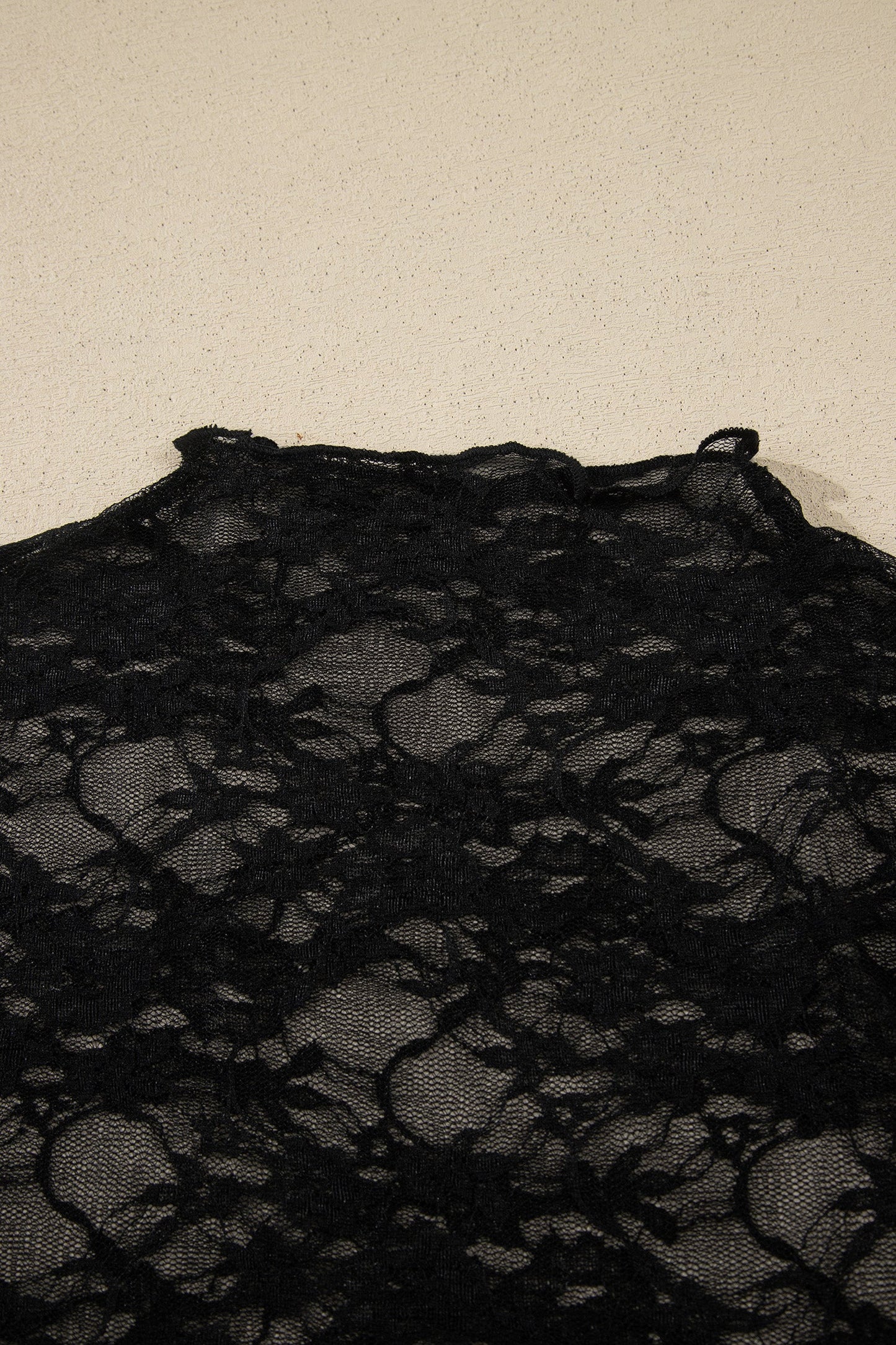 Black Sheer Floral Lace Lettuce Trim Mock Neck Long Sleeve Top