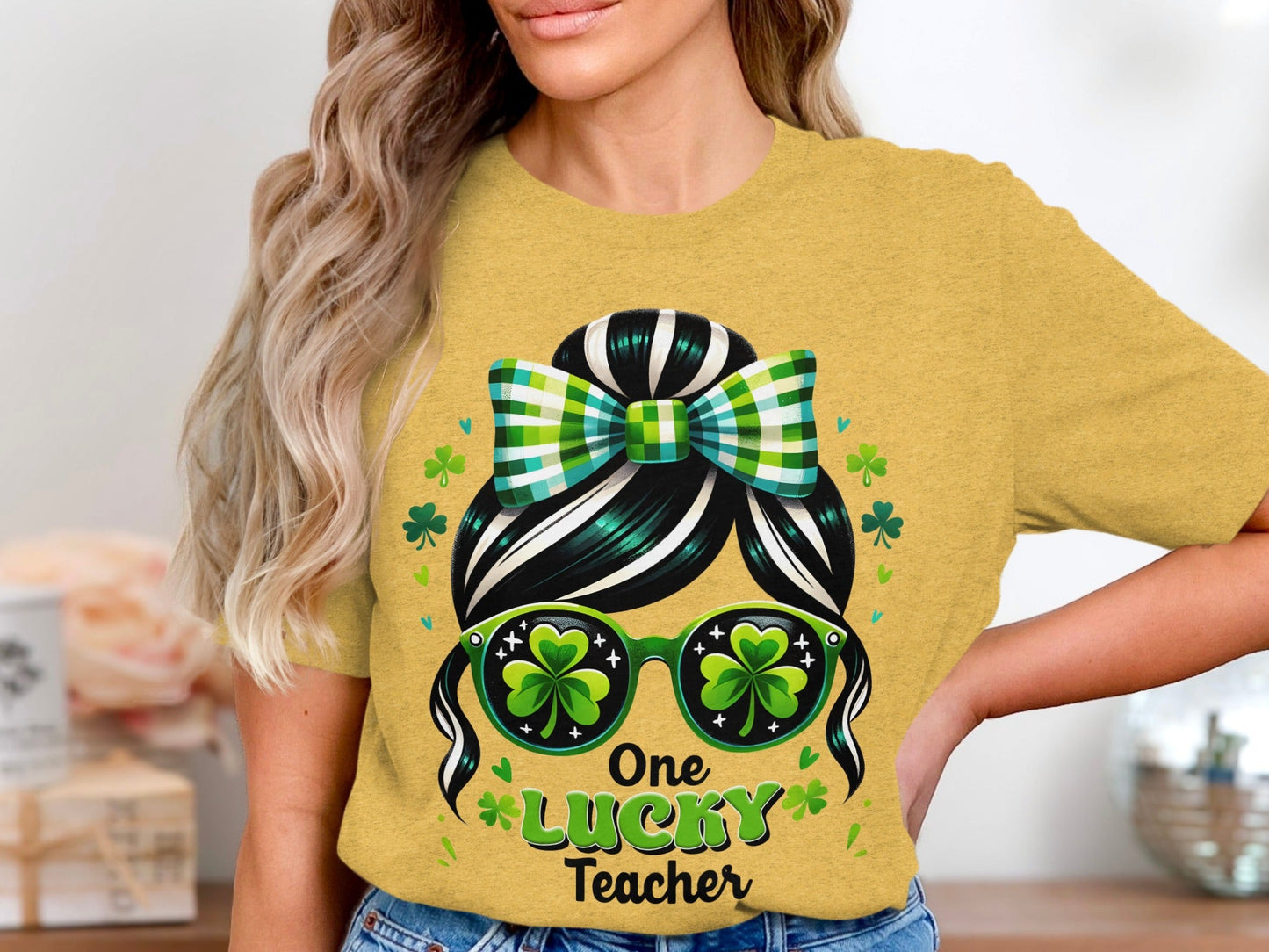 One Lucky Teacher Shamrock Sunglasses Graphic Design T-Shirt