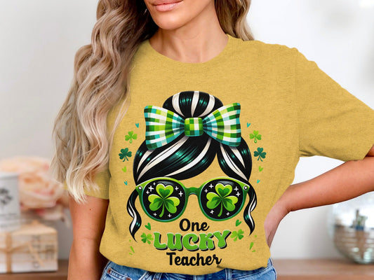 One Lucky Teacher Shamrock Sunglasses Graphic Design T-Shirt