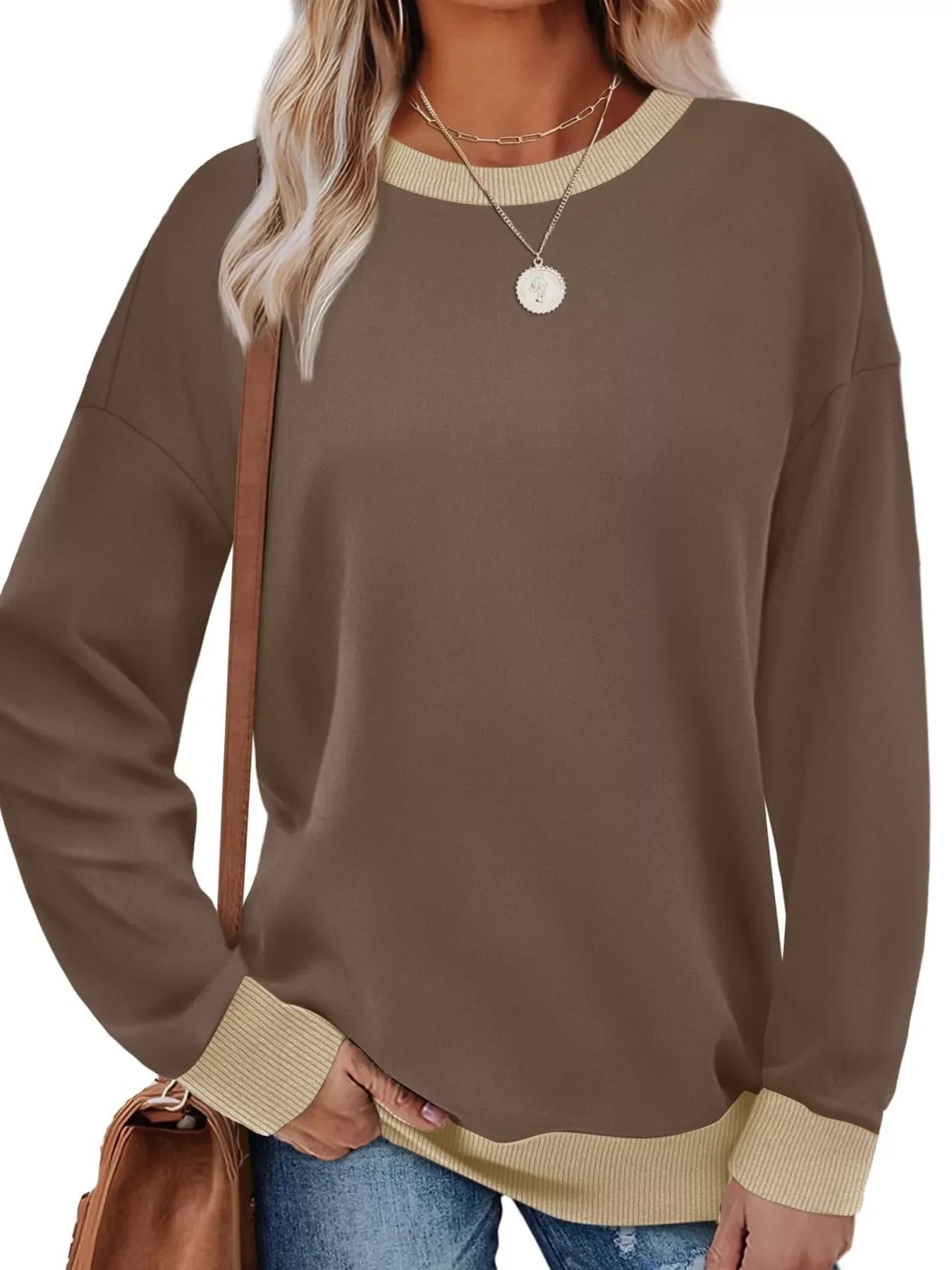Contrast Trim Crew Neck Casual Sweatshirt