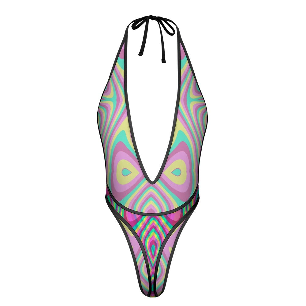 Sexy Swimsuit Women's Extreme One-Piece Mesh Revealing Swimwear Deep V Cleavage Thong Bottom Booty Quick Dry Tie-On Bathing Suit