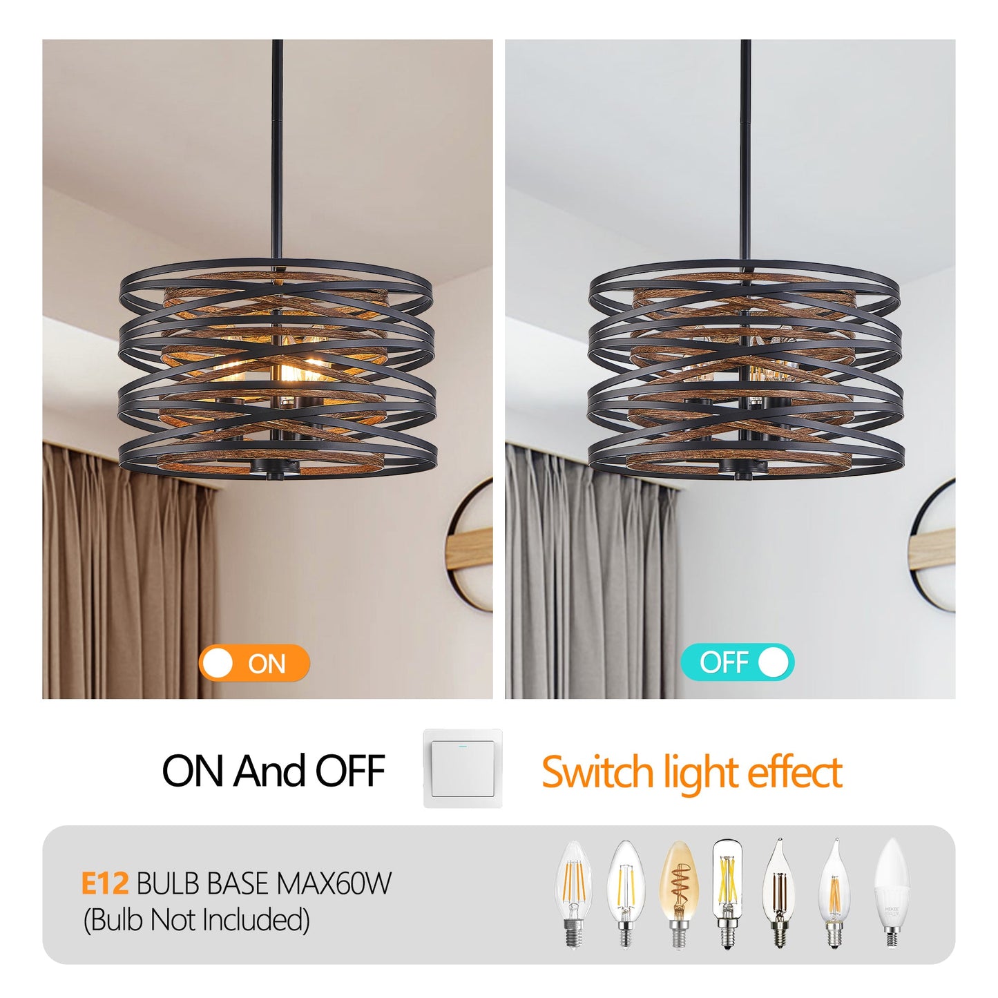 13" Rustic Industrial Pendant Light, 3-Light Black and Walnut Metal Cage Chandelier with Wood Accents