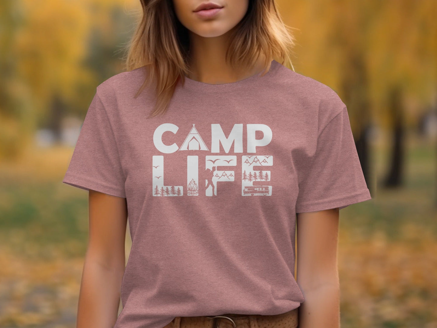 Camp Life Illustration with Tent and Fire Design T-Shirt
