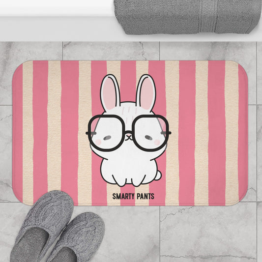 Cute Bunny "Smarty Pants" Bath Mat — PINK Striped Bathroom Rug for Kids & Nursery