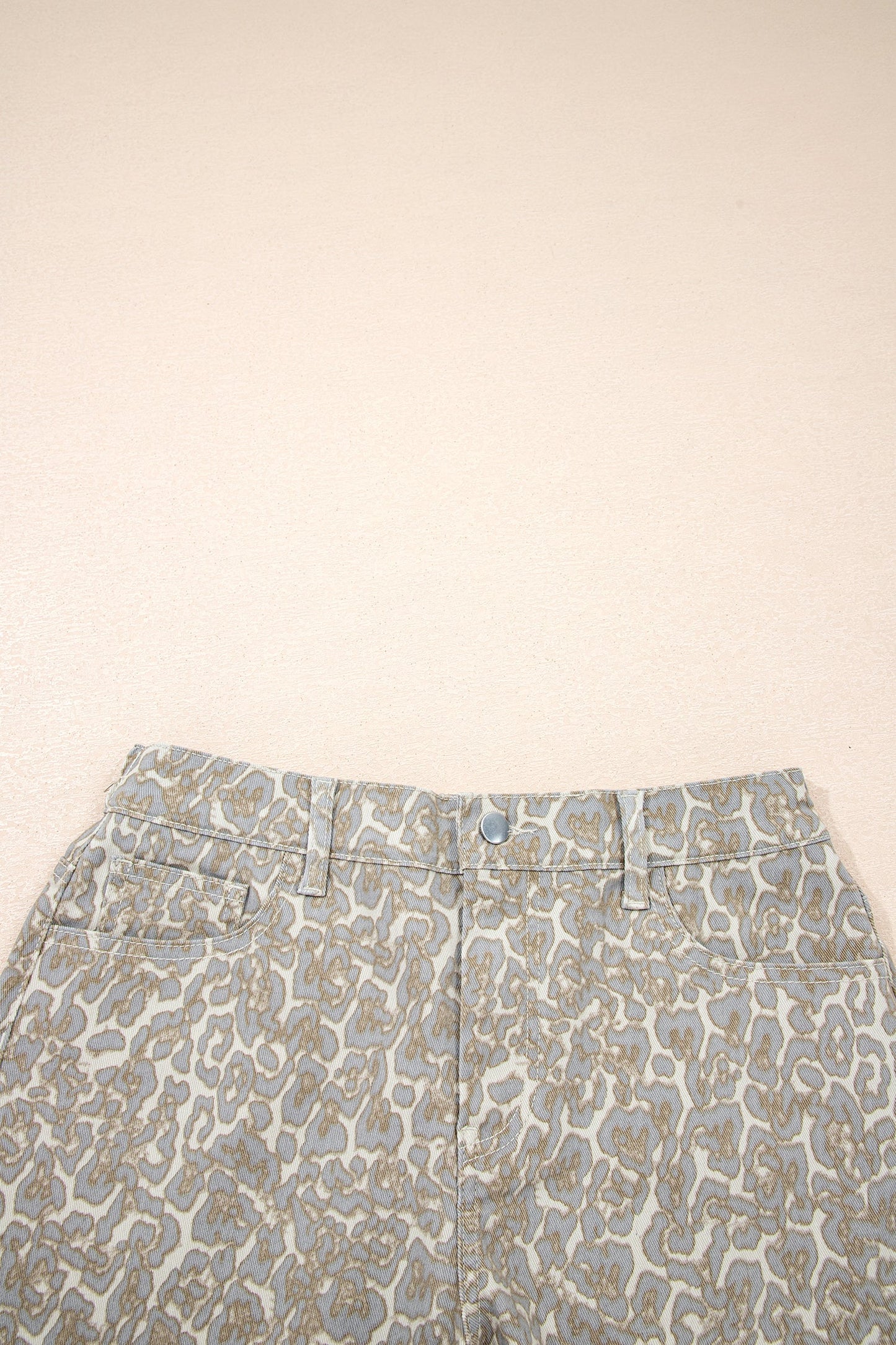 Khaki Raw Edge Leopard Print Denim Shorts