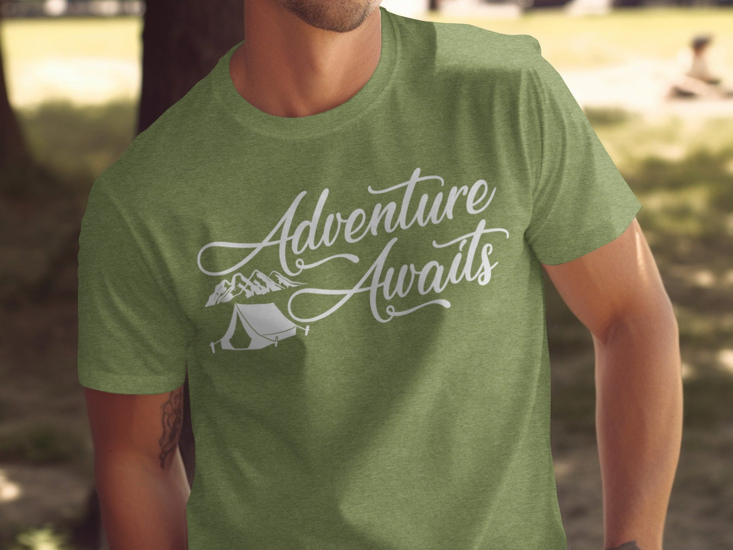 Adventure Awaits Tent Mountains Graphic Design T-Shirt