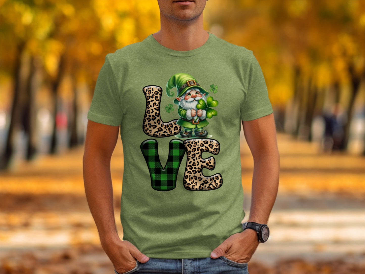 St Patricks Day Gnome T-Shirts, Leopard Print LOVE, Lucky Clover T-Shirts, Irish T-Shirts, Green Plaid T-Shirts, Unique St Paddys Day