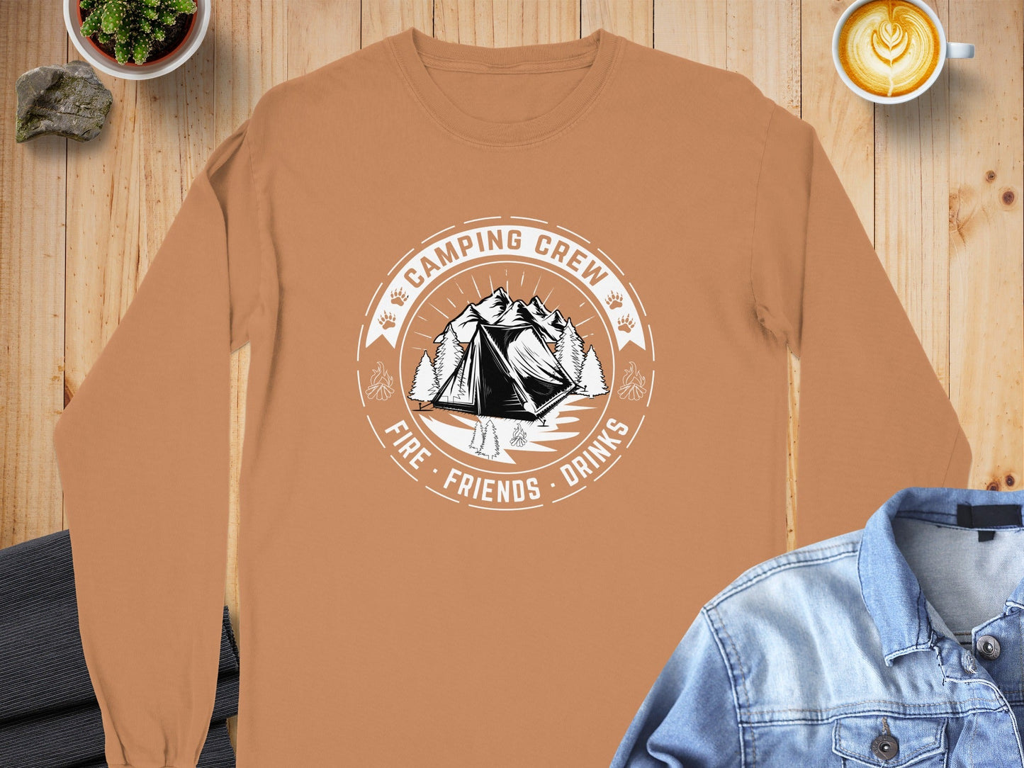 Camping Crew Fire Friends Drinks Design Long Sleeve T-Shirt