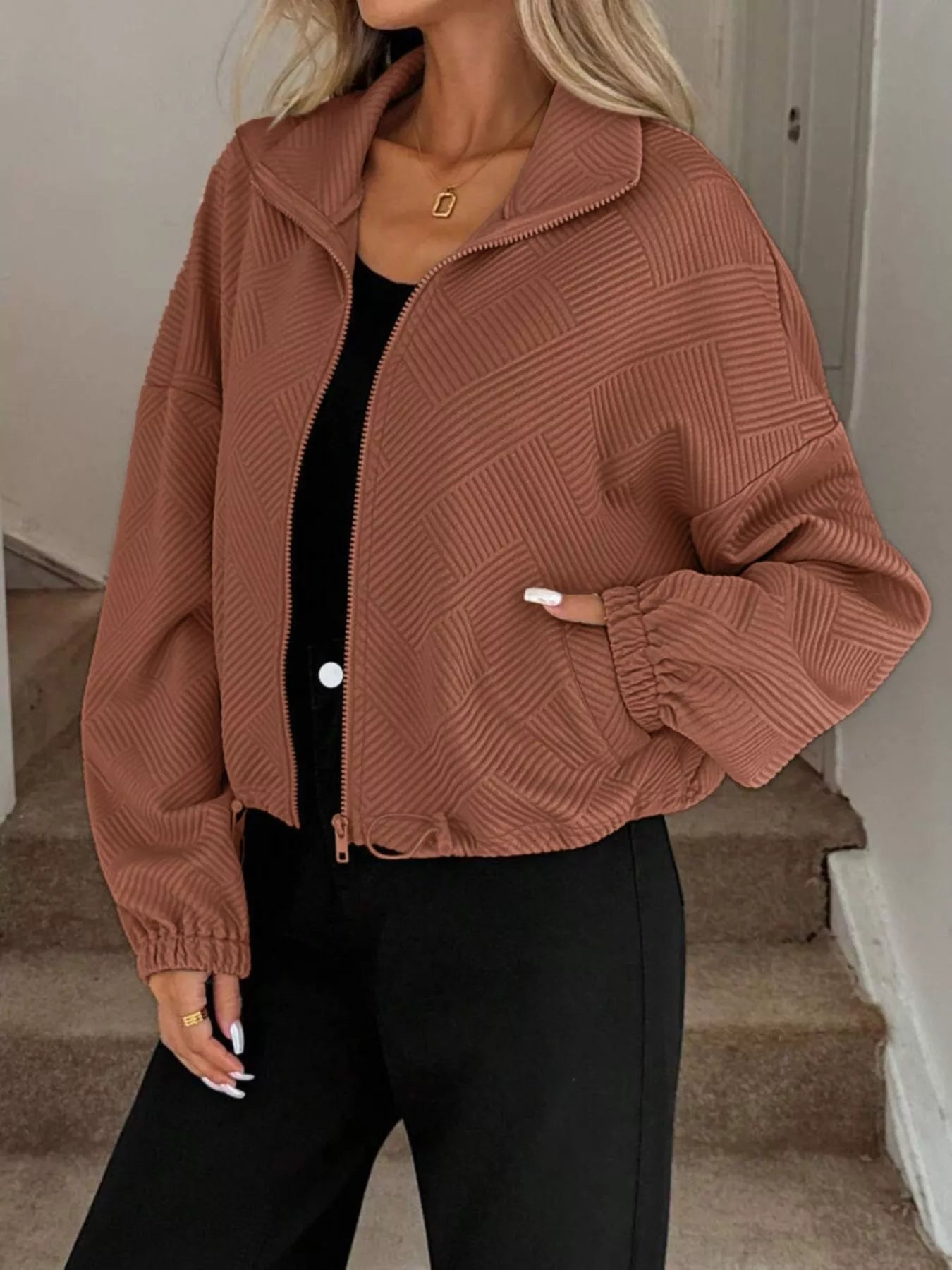 Textured Zip-Up Drawstring Hem Jacket