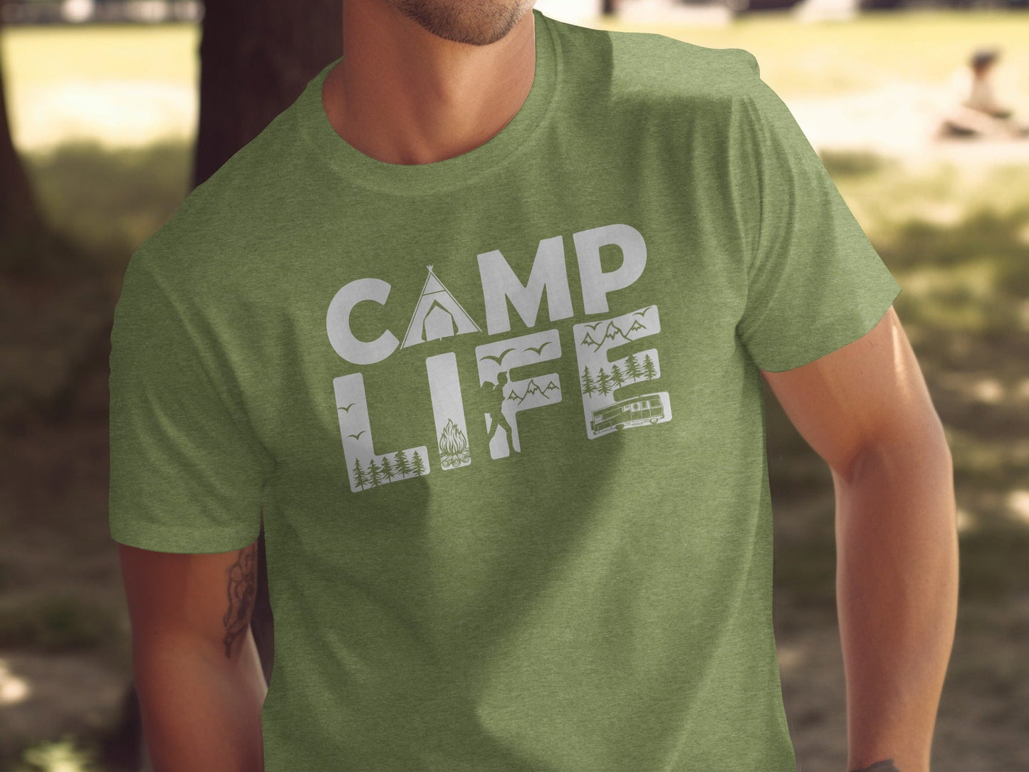 Camp Life Illustration with Tent and Fire Design T-Shirt