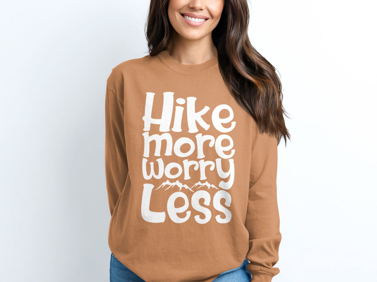 Hike More Worry Less With Mountain Graphic Long Sleeve T-Shirt