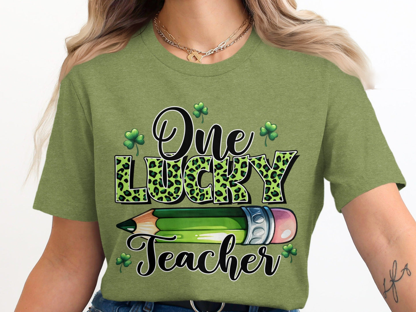 One Lucky Teacher With Pencil Illustration Design T-Shirt