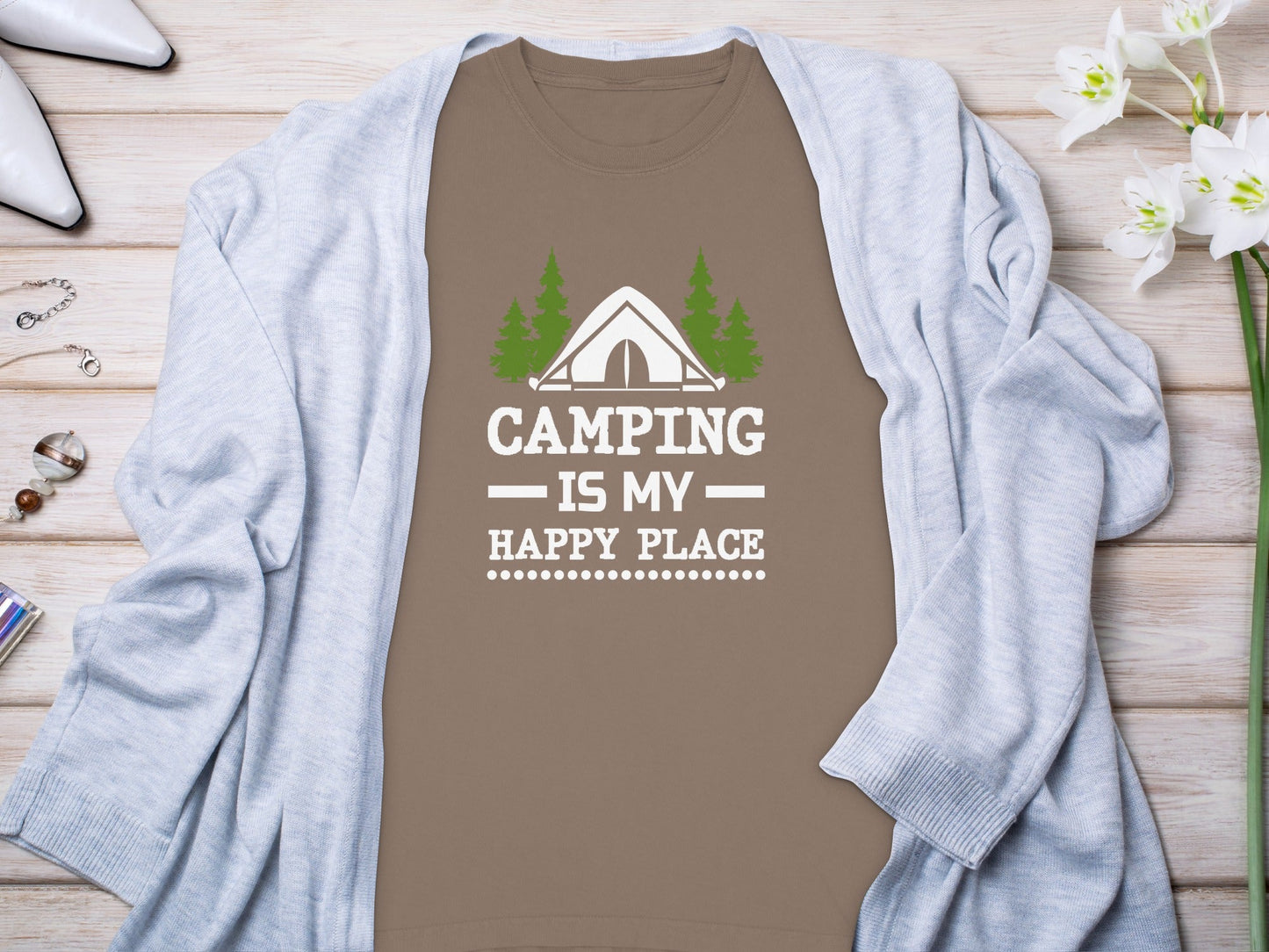 Camping Is My Happy Place Tent Trees Graphic Long Sleeve T-Shirt
