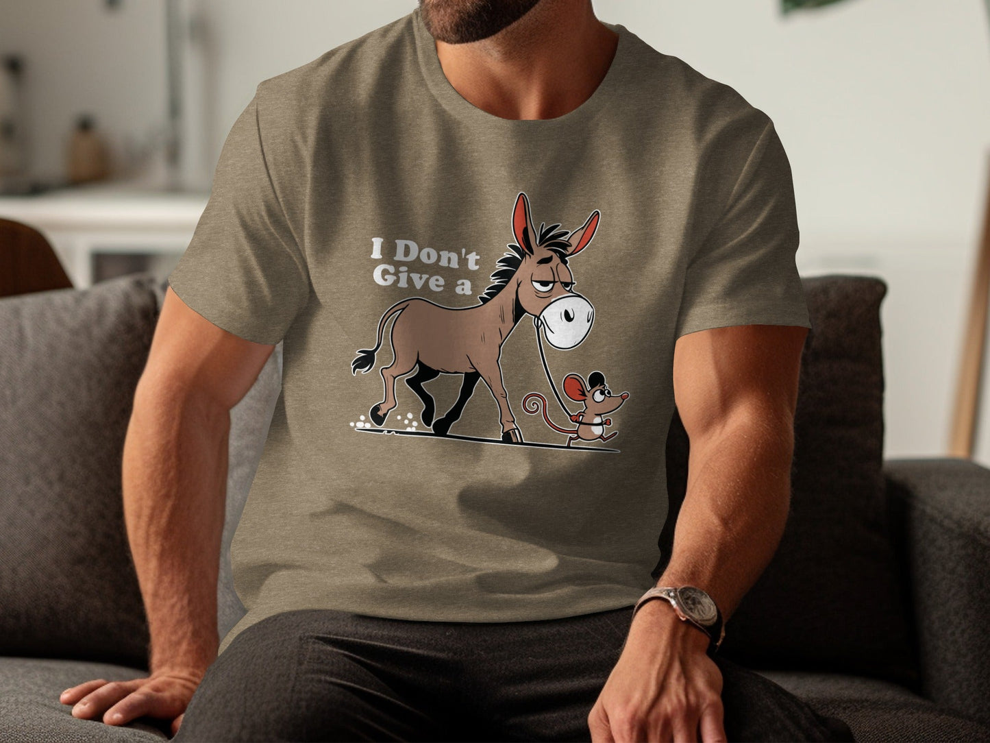 Funny Mouse Walking a Donkey Cartoon Graphic T-Shirt